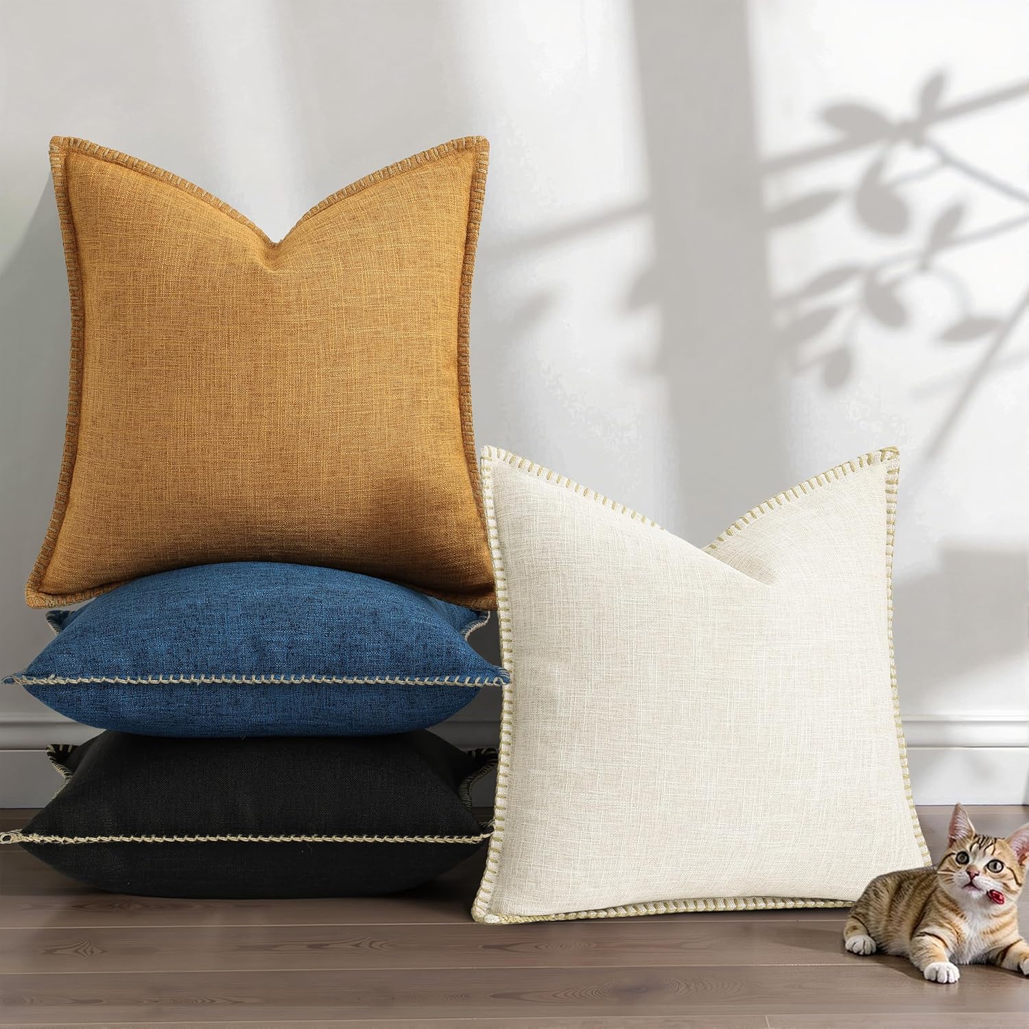 decorUhome Spring Decorative Throw Pillow Covers 18x18 Set of 2 Square Linen Outdoor Neutral Farmhouse Pillow Covers with Stitched Edge for Couch Sofa Living Room, Black - Image 2