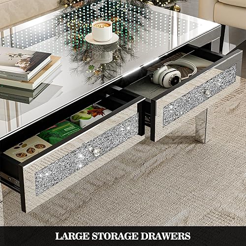 Miniatura 31 de IKIFLY Mesa de centro con espejo con 2 niveles, mesa de centro rectangular 2 en 1 con diamante triturado, mesa de sala de estar plateada con patas