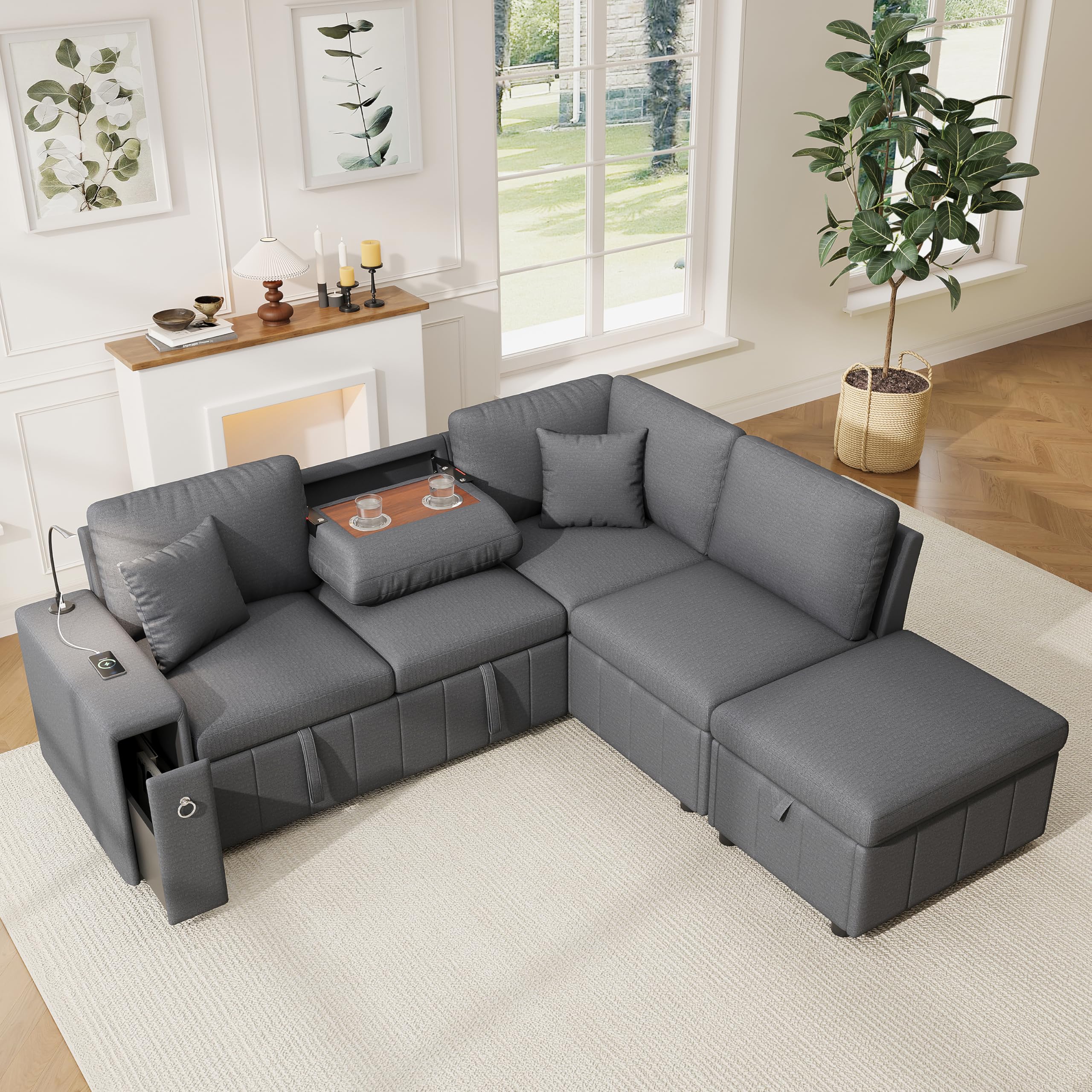 Ecksofa mit Schlaffunktion & Ausziehbett – Modulare Couch für Wohnzimmer & Heimkino, mit USB/Type-C, Leselicht, klappbarem Tisch, Getränkehaltern, Stauraum-Hocker, Leinen, grau