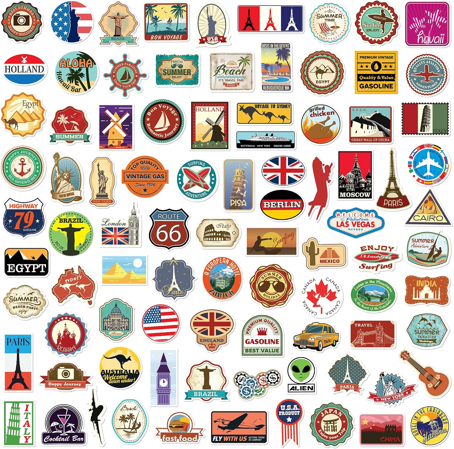 100PCS World Travel Stickers for Adults, Luggage Stickers for Suitcases Laptop Water Bottle, Waterproof Country Landmark Vinyl Decals for Scrapbook Journals-C08