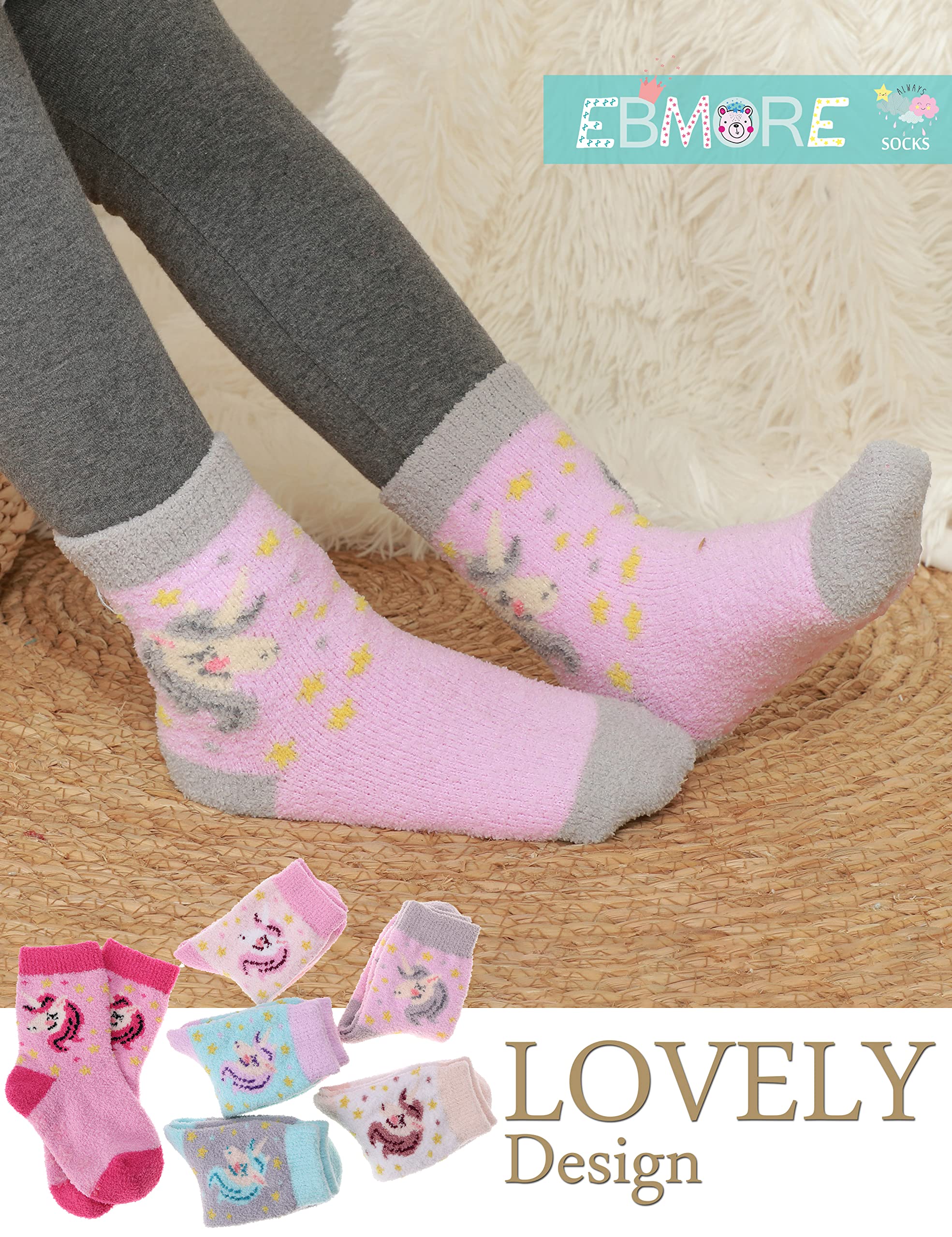 EBMORE Calcetines Antideslizantes para Niños, de Felpa para Niñas, Gruesos Cálidos, de Invierno Antideslizantes, de Cama Suaves, Regalos, de Casa, 6 Pares