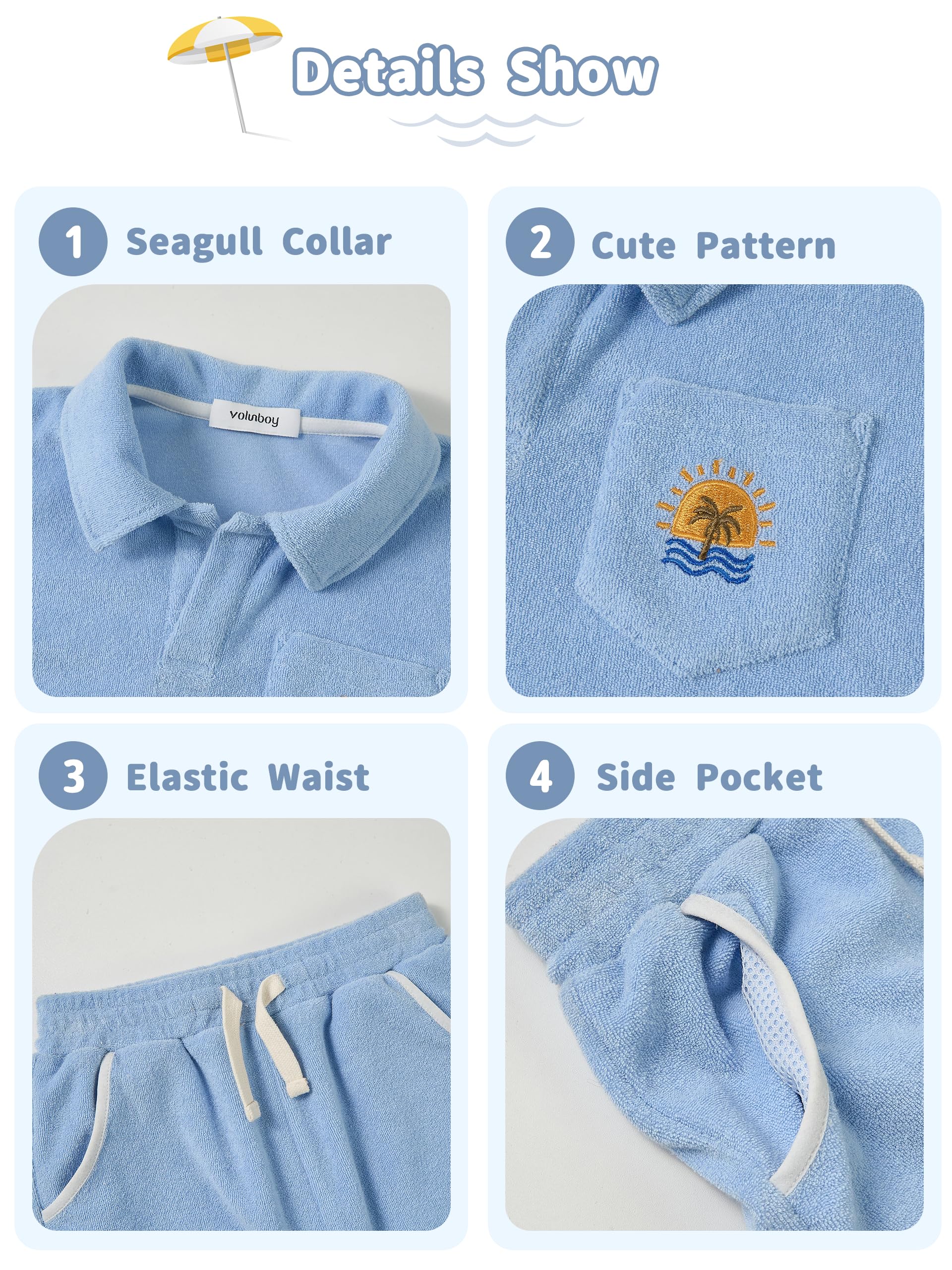 Volunboy Completo Bambino in Tessuto Spugna, Camicia con Collo Gabbiano e Pantaloncini con Vita Elastica per Spiaggia e Tempo