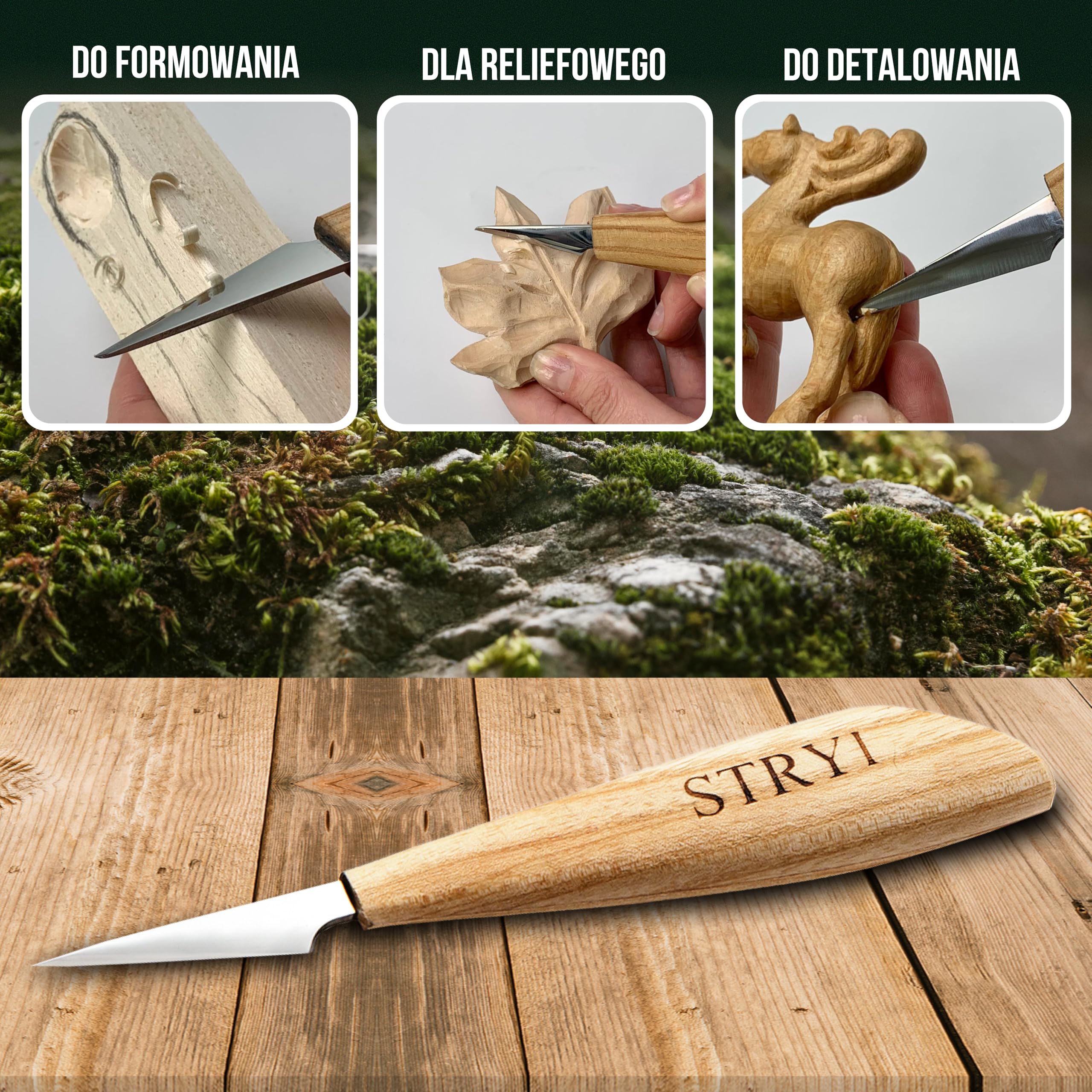 NÓŻ DO RZEŹBIENIA W DREWNIE 40 mm STRYI PROFI – NÓŻ DO WHITTLINGU, SLOYD, DETALICZNY – WYKONANY Z HARTOWANEJ STALI WĘGLOWEJ