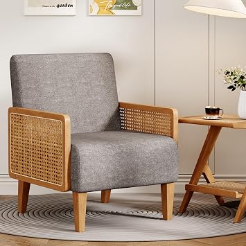 Accent Chair Mid Century Modern Living Room Chairs Rattan Armrest Upholstered Armchair with Solid Wood Legs Bedroom Reading Chair Taupe