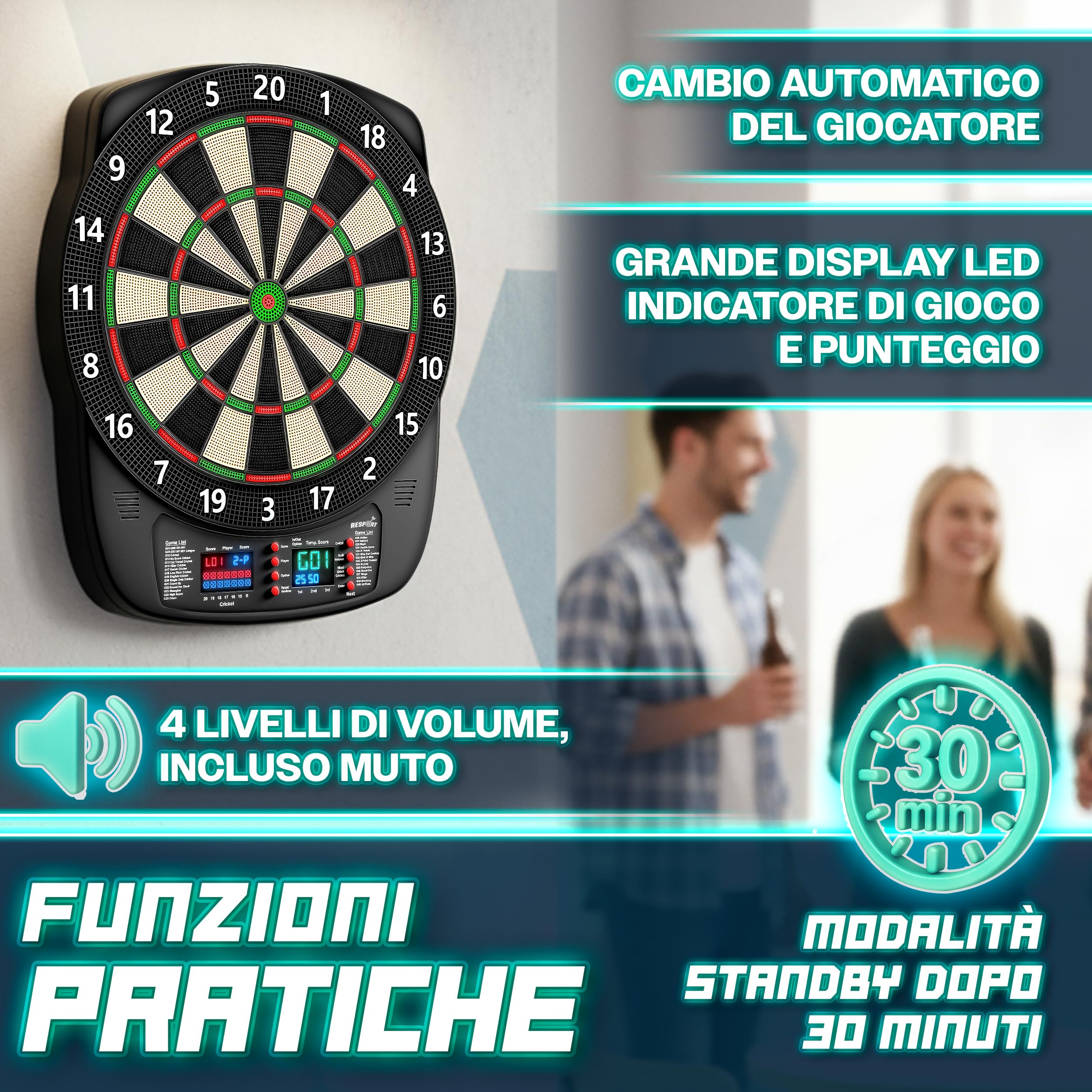 RE:SPORT® Bersaglio elettronico per freccette, set professionale con 12 freccette + 24 ali Pro + 100 punte per freccette e accessori | E Dartautomat per 1–8 giocatori con 427 varianti | Bersaglio