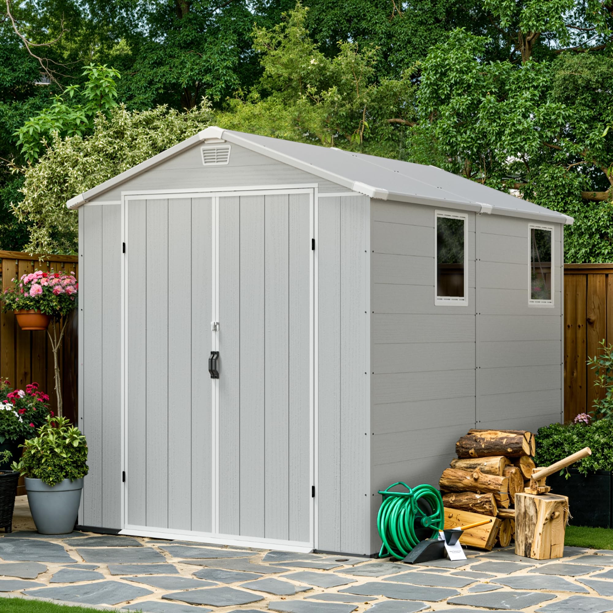 Devoko Abri de Jardin extérieur en Plastique avec Double Portes verrouillables et Toit en apex, Abri à Outils pour Patio, Jardin, abri pour vélo