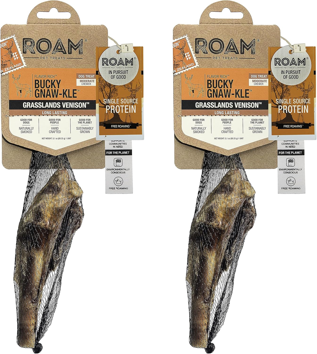 ROAM Pet Treats Bucky Gnaw-kle – Grasslands Venison Knuckle Dog Chew, Single Ingredient, All Natural, Grain-Free, & Gluten-Free (2 Pack)