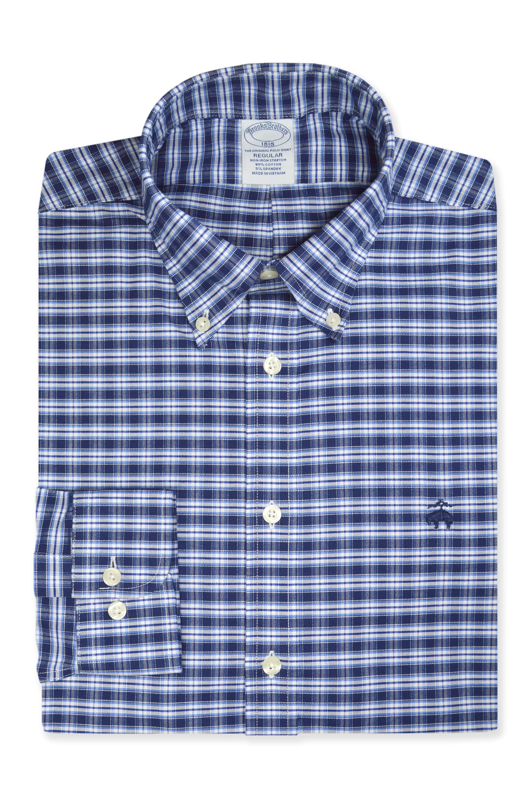 Photo 1 of Brooks Brothers Mens Regular Fit Mixed Check Plaid Cotton Blend Non Iron Button Down Shirt, Medium 199716 Navy/Lt Blue