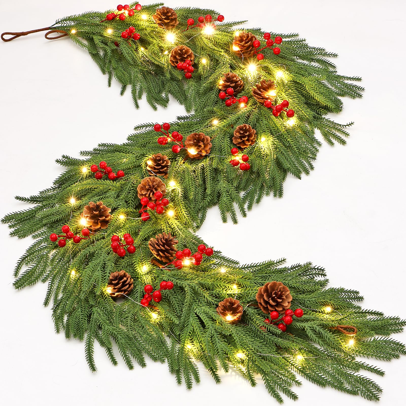 Dremisland 2 Stück Weihnachtsgirlande mit 100 Beleuchtung Künstliche Norfolk Girlande Weihnachten Kieferngirlande Tannengirlande Weihnachten Deko Grün Norfolk Kiefer Girlande Rot Beeren Adventskranz