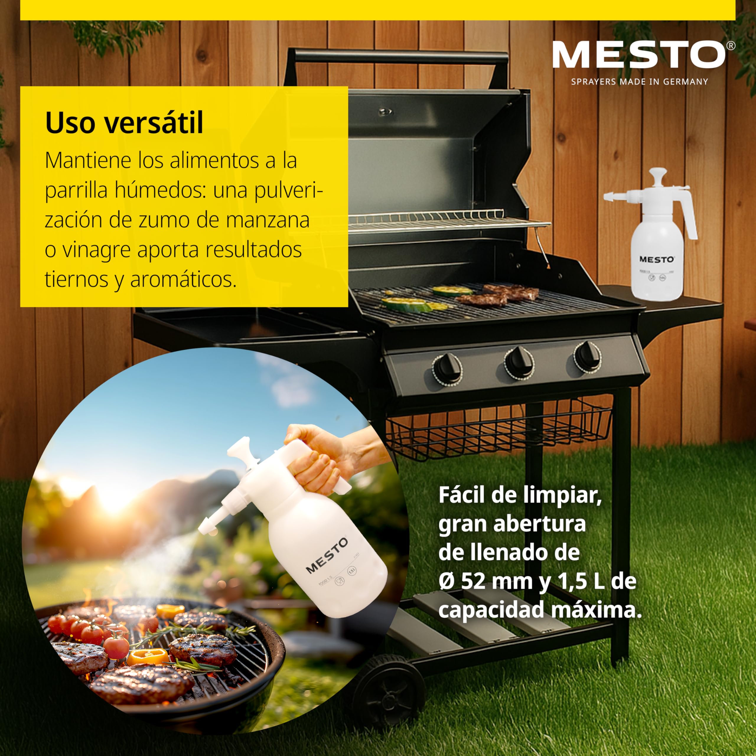 MESTO Food Pulverizador a presión de 1,5 l, botella de spray para alimentos, pulverizador para contacto con alimentos, ideal para ahumar y humedecer alimentos a la parrilla