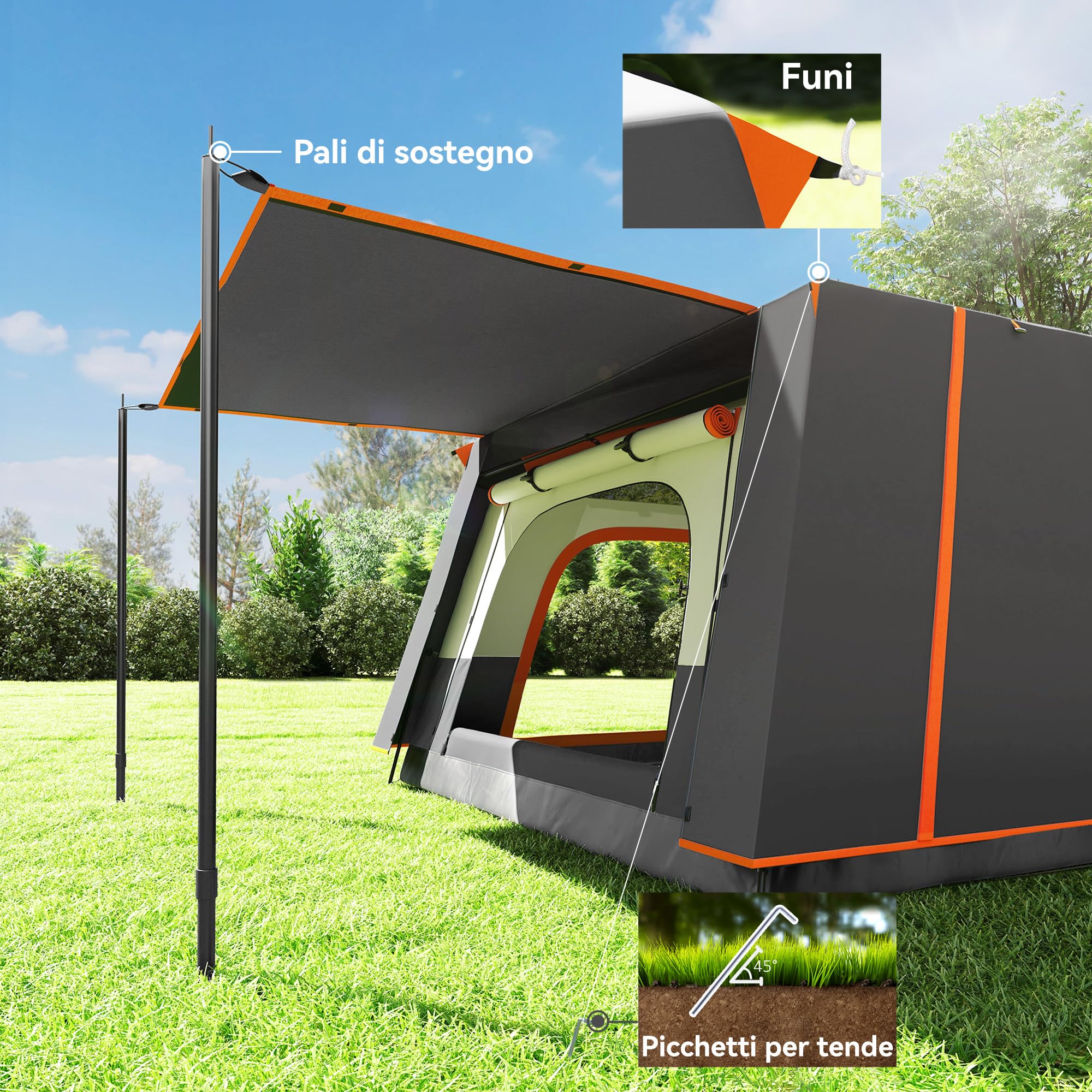 Outsunny Tenda da Campeggio per 4 Persone, Tenda Famigliare a Tunnel Grande Anti-UV per 3 Stagioni con 2 Stanze, Veranda e Borsa di Trasporto per Pesca, 430x305x195 cm