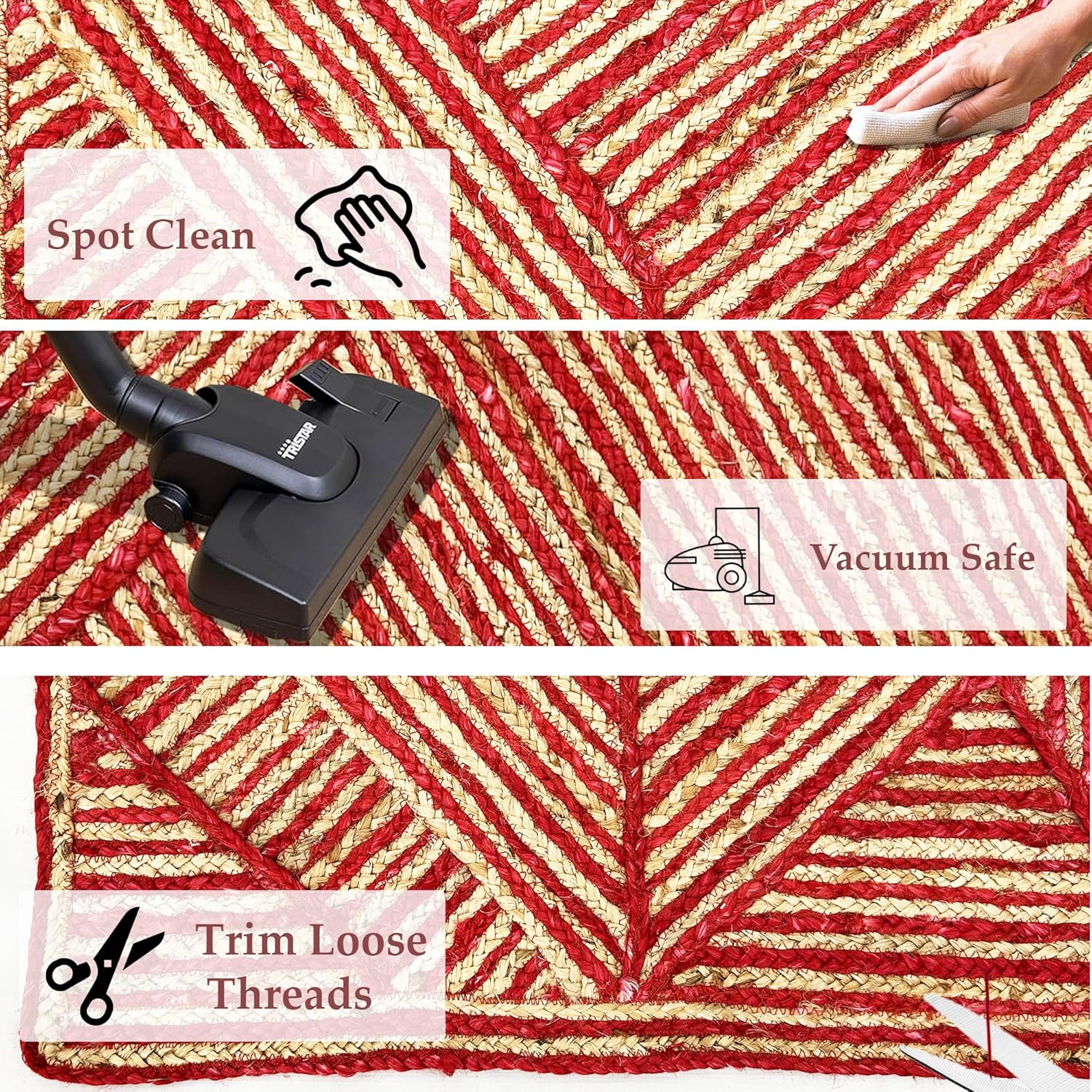 Rectangular Area Rug - 10x18 Feet Hand Braided Jute Rug Thick 0.27" Red Striped Geometric Rugs for Living Room, Kids Room, Home/Office Decor, Decorative Floor Carpet