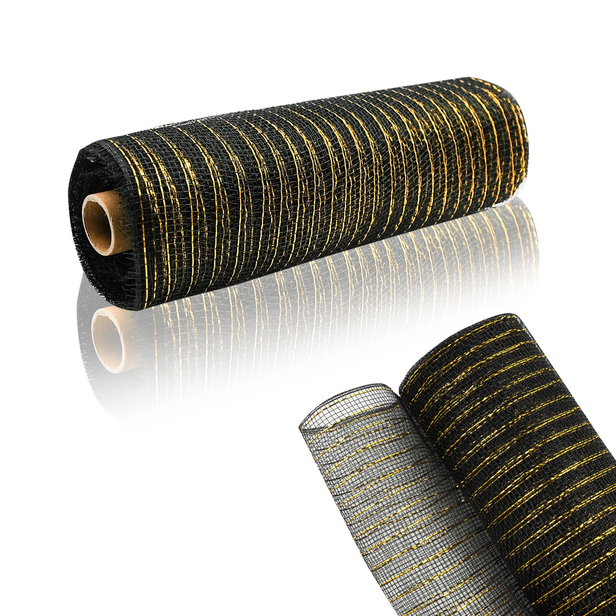 GouZaak 2 Rolls Black and Gold Deco Mesh Ribbon Party Decorations 10 in x 30 ft,Metallic Poly Mesh Ribbon Rolls for DIY Bee Day Party Wreath Supplies