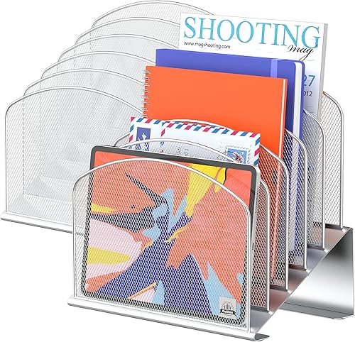 Vista 98 de Organizador de archivos de escritorio inclinado, soporte vertical de 5 secciones, soporte de metal clasificador de archivos para oficina y aula