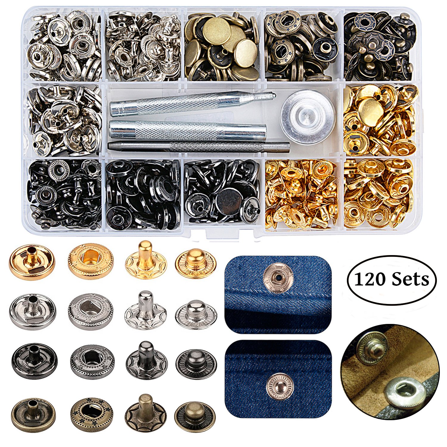 120 Sets Snap Fastener Kit, Outggek Leather Snap Buttons Press Studs with 4PCS Fixing Tools, Metal Snaps for Clothing Leather Bracelet Jeans Wear Jacket Bags Belts, 633(12.5mm)