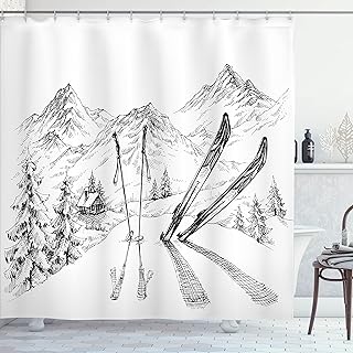 Ambesonne Sports Shower Curtain, Winter Seasonal Activity Skiing with Gear Set on The Mountain Peak Everest Sketchy Image, Cloth Fabric Bathroom Decor Set with Hooks, 69" W x 84" L, White