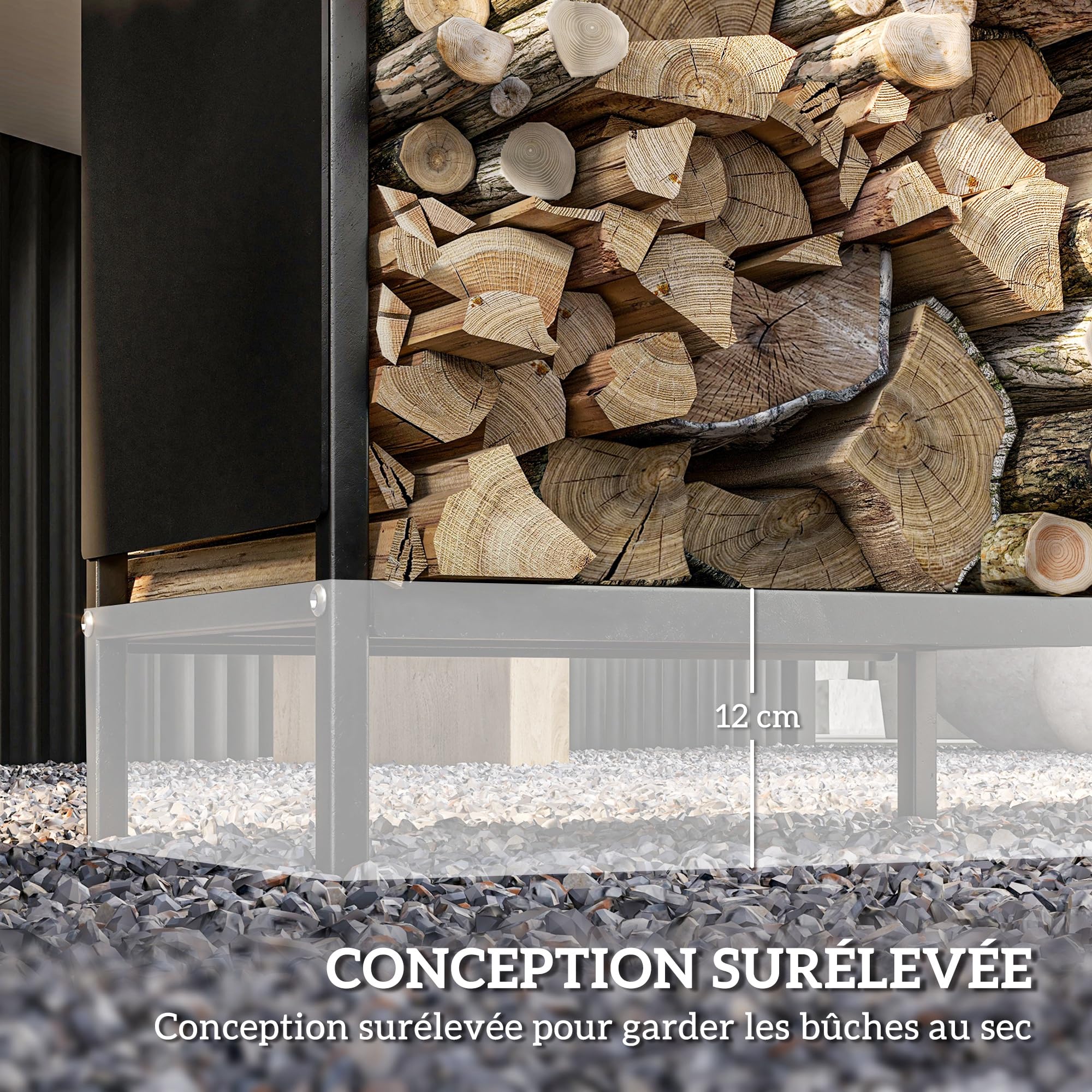 Outsunny Range bûche interieur porte bûche de cheminée support de bois de chauffage pour intérieur extérieur, rack de stockage en acier, 44 x 28 x 65 cm, noir