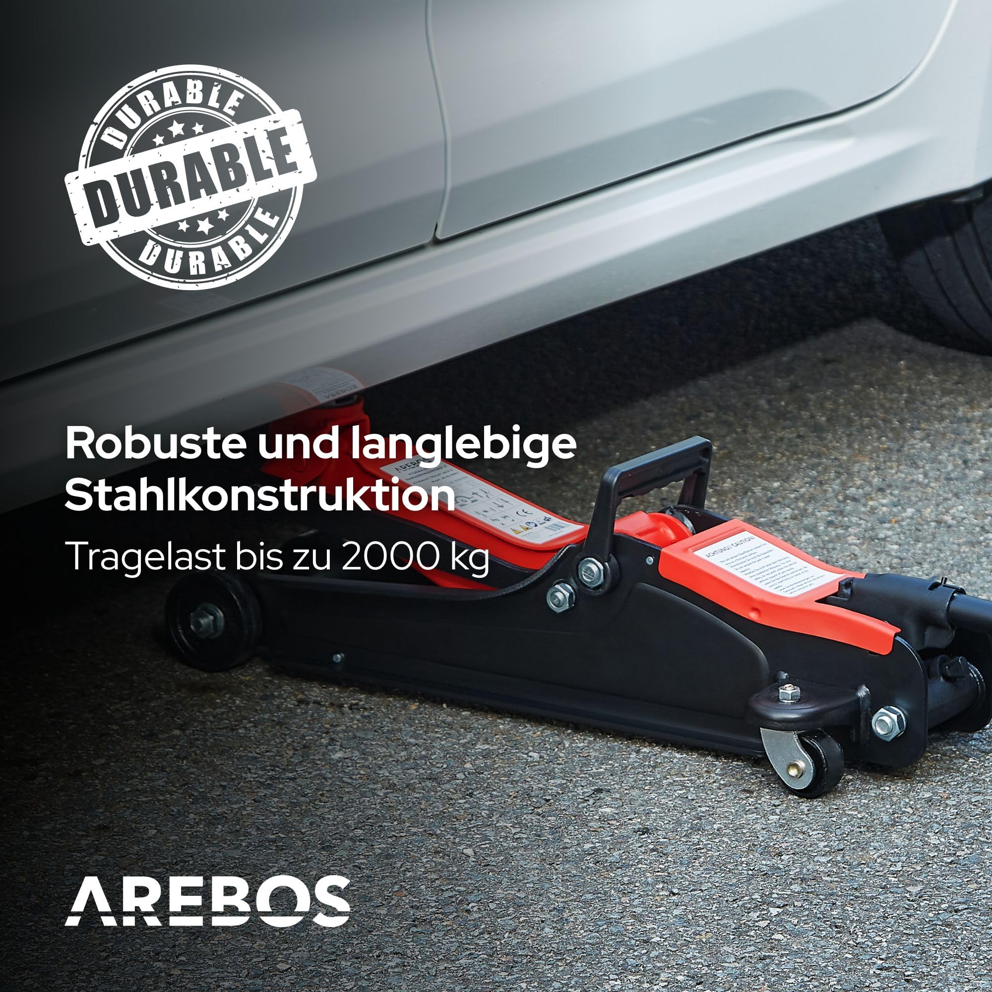 Arebos Hydraulischer Rangierwagenheber 2T | flach 85-385 mm | TÜV Zertifiziert | Wagenheber hydraulisch für PKW & Sportwagen | inkl. 4 Gummiauflagen