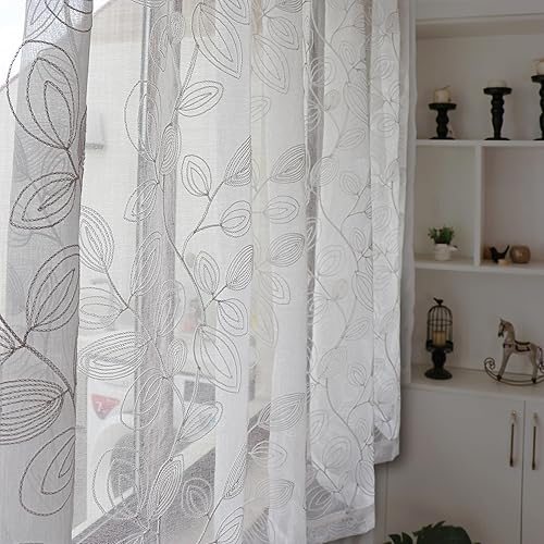 SLOW SOUL Juego de 2 paneles de cortinas traslúcidas blancas con diseño de hojas gruesas, semitraslúcidas, modernas cortinas bordadas con hojas y