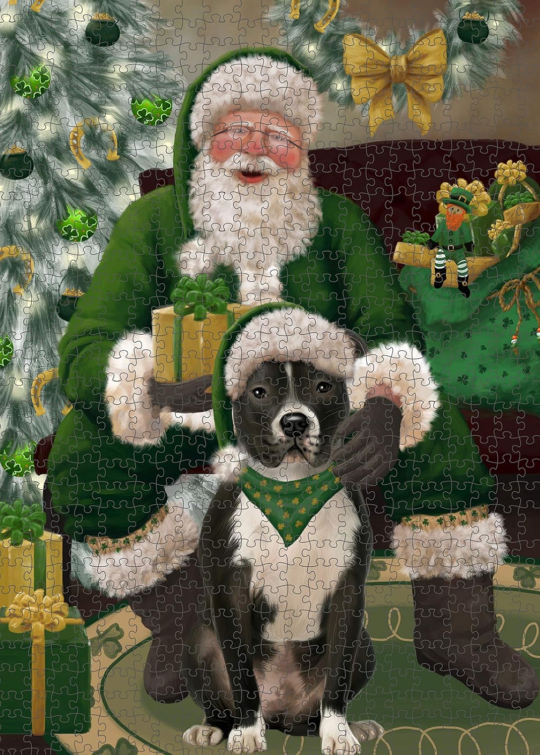 Christmas Irish Santa with Gift and Pitbull Dog Jigsaw Puzzle for Adults - Animal Printed Interlocking Puzzle Game Artwork - Gift for Dog Lover's -1000 Pcs 29.5"x19.7", PZLE60166