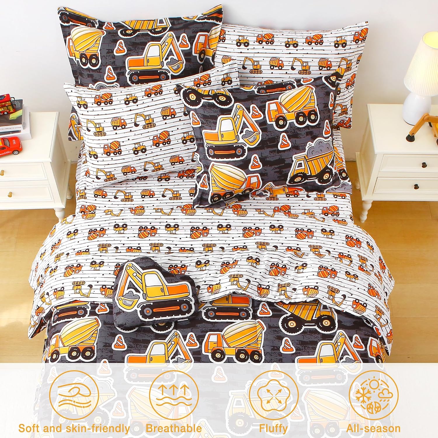 Mooreeke Twin Size Comforter Sets for Boys Kids, 6 Pieces Bed in a Bag Excavator Patterned Bedding Comforter and Sheet Set with Shams and Decorative Toy Pillow, Ultral Soft Microfiber Kids Bed Set image 5