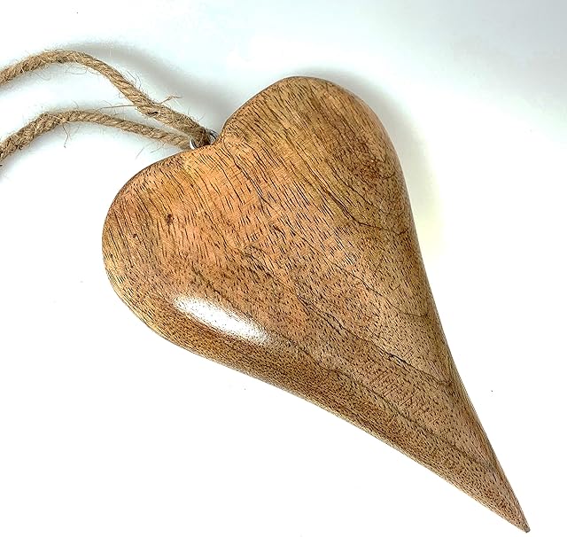 Stylised Wooden Love Heart Hanging Decoration - Sustainable Mango Wood Handmade gifts for someone special on Valentines Day Birthday or as a friendship gift