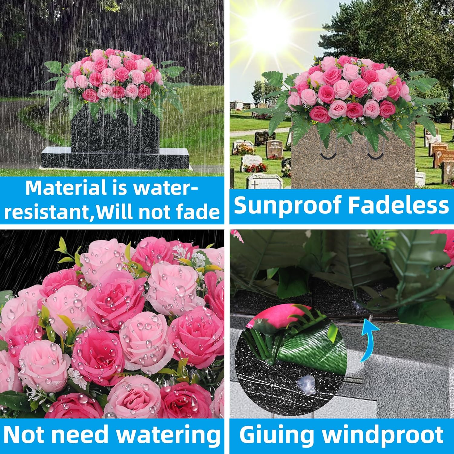 Cemetery Headstone Flower Saddle,Artificial Cemetery Flower Saddles for Graves,Artificial Rose Cemetery Memorial Flowers for Outdoor Tombstone Headstone Decorations (Pink)