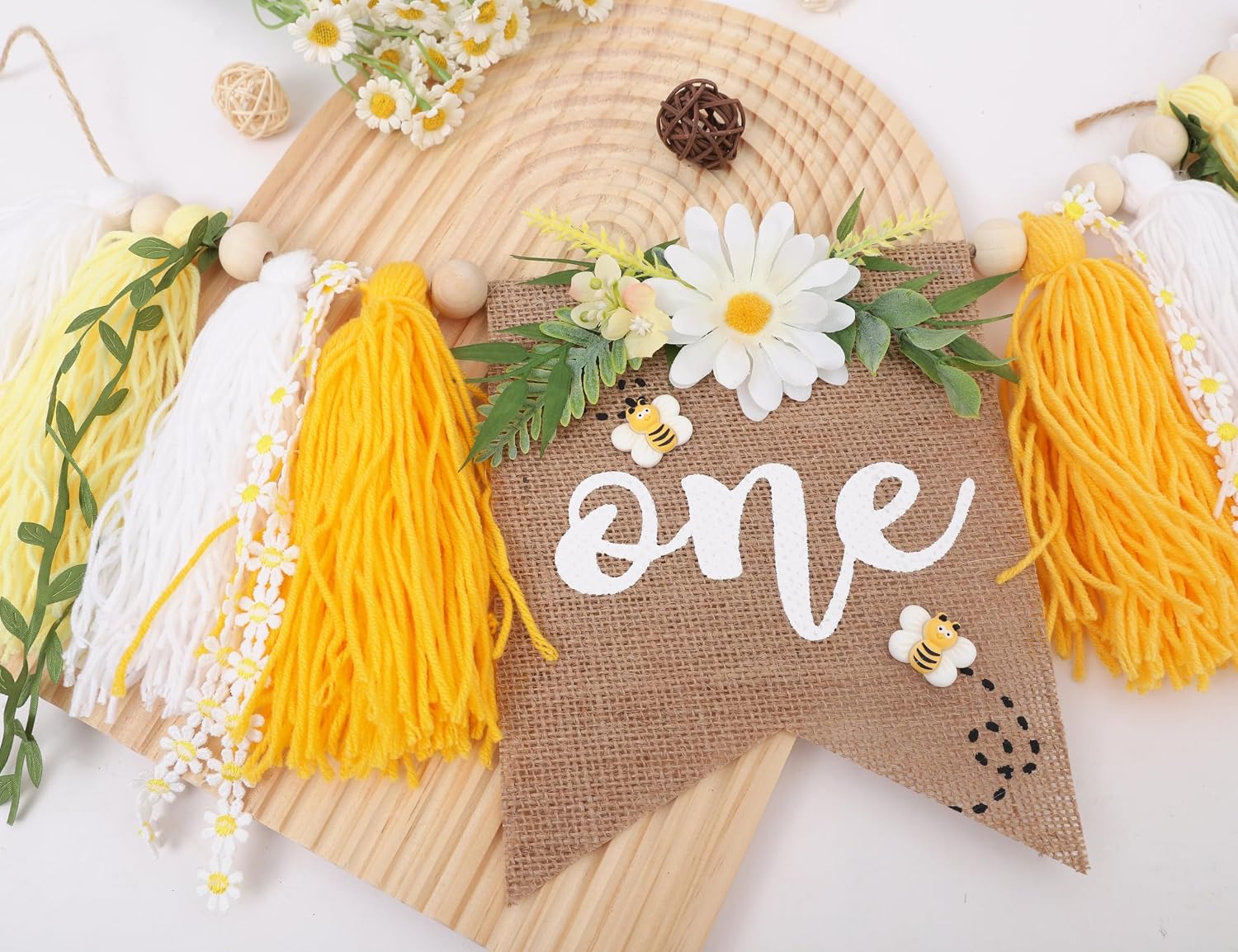 Bee Theme 1st Birthday High Chair Banner - First Bee Day Birthday Decorations, Be e and Daisy One Bday Highchair Tassel Banner, Happy Be e Day 1st Bday Decor