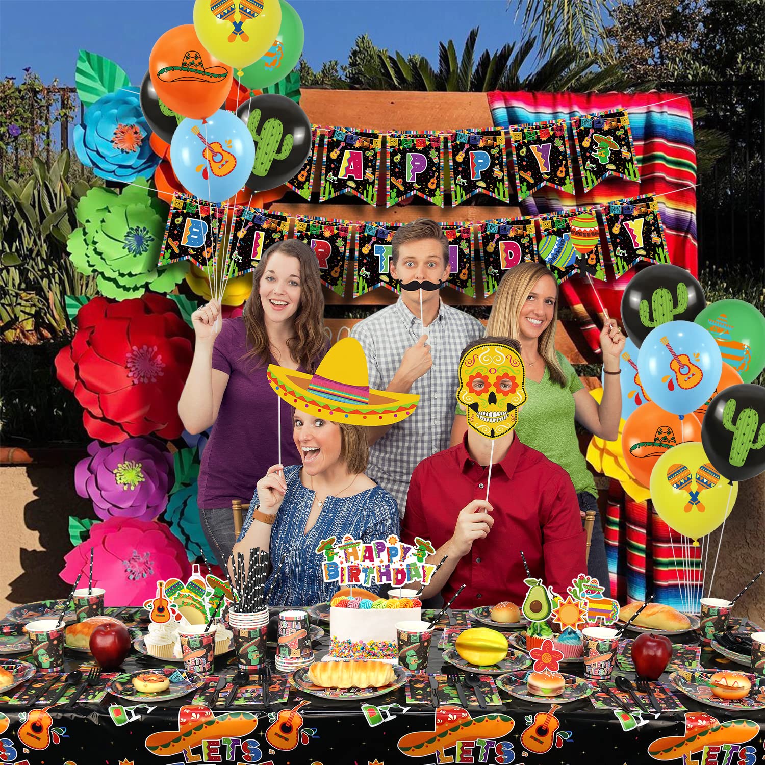 Juego De 202 Piezas De Decoración De Fiesta Mexicana Con Platos, Vasos, Servilletas, Mantel, Juego Completo De Cubiertos, Pancarta Y Globos, Ideal Para Fiestas Temáticas Mexicanas, Para 25 Invitados