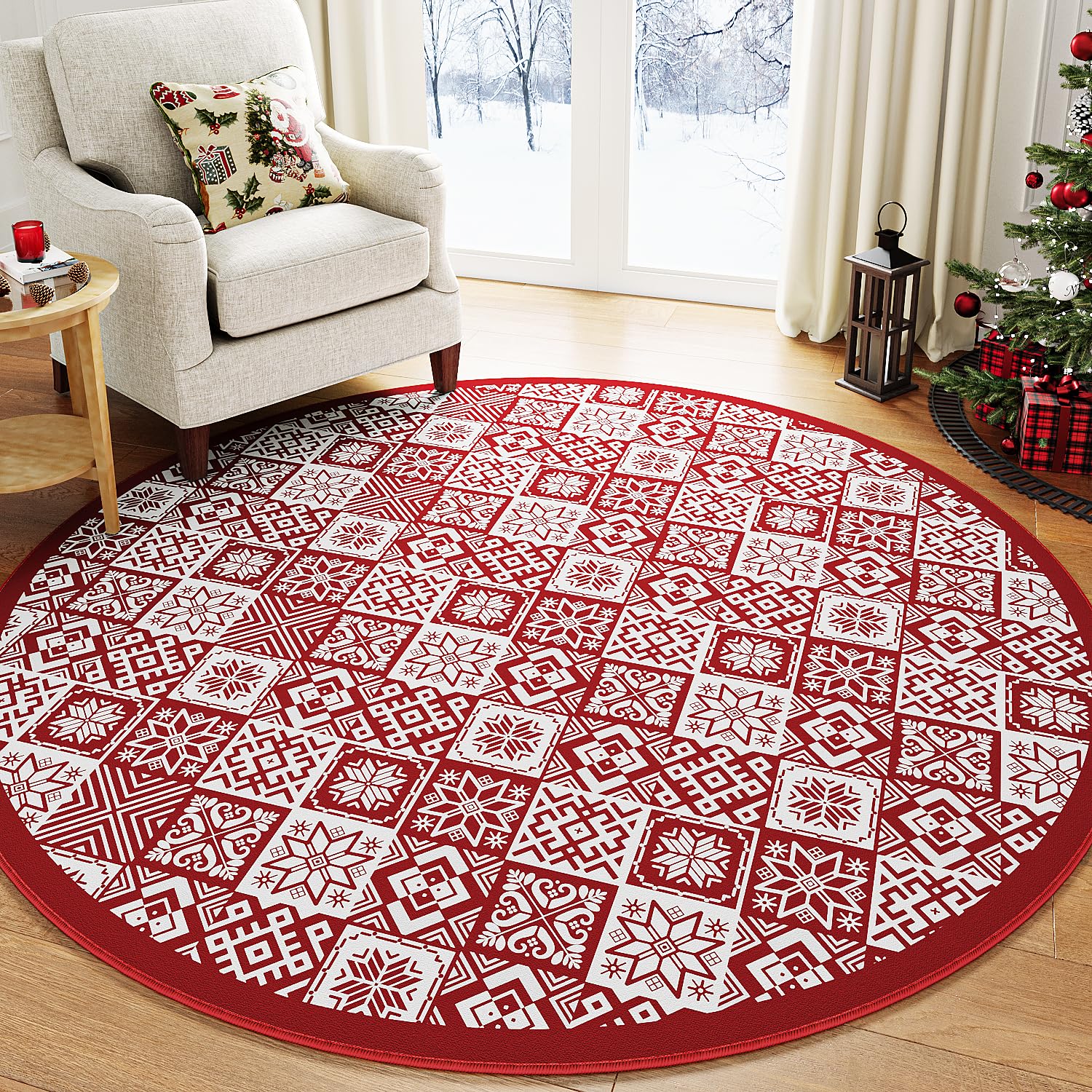 Christmas Round Area Rug 8x8 Red Snowflake Holiday Decorative Doormat Living Room Bedroom Washable Non Slip Soft Low Pile Large Carpet for Kitchen Entryway Dining Room Bathroom Home Decor