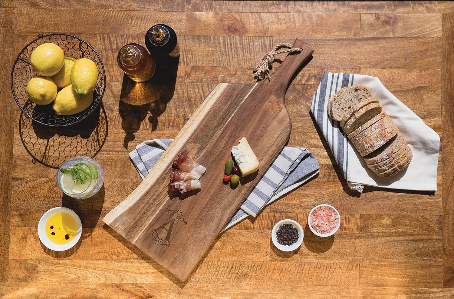 PICNIC TIME Monogram - A - Personalized Artisan 24" Acacia Charcuterie Board with Raw Wood Edge, Cheese Board, Serving Platter, (Acacia Wood)