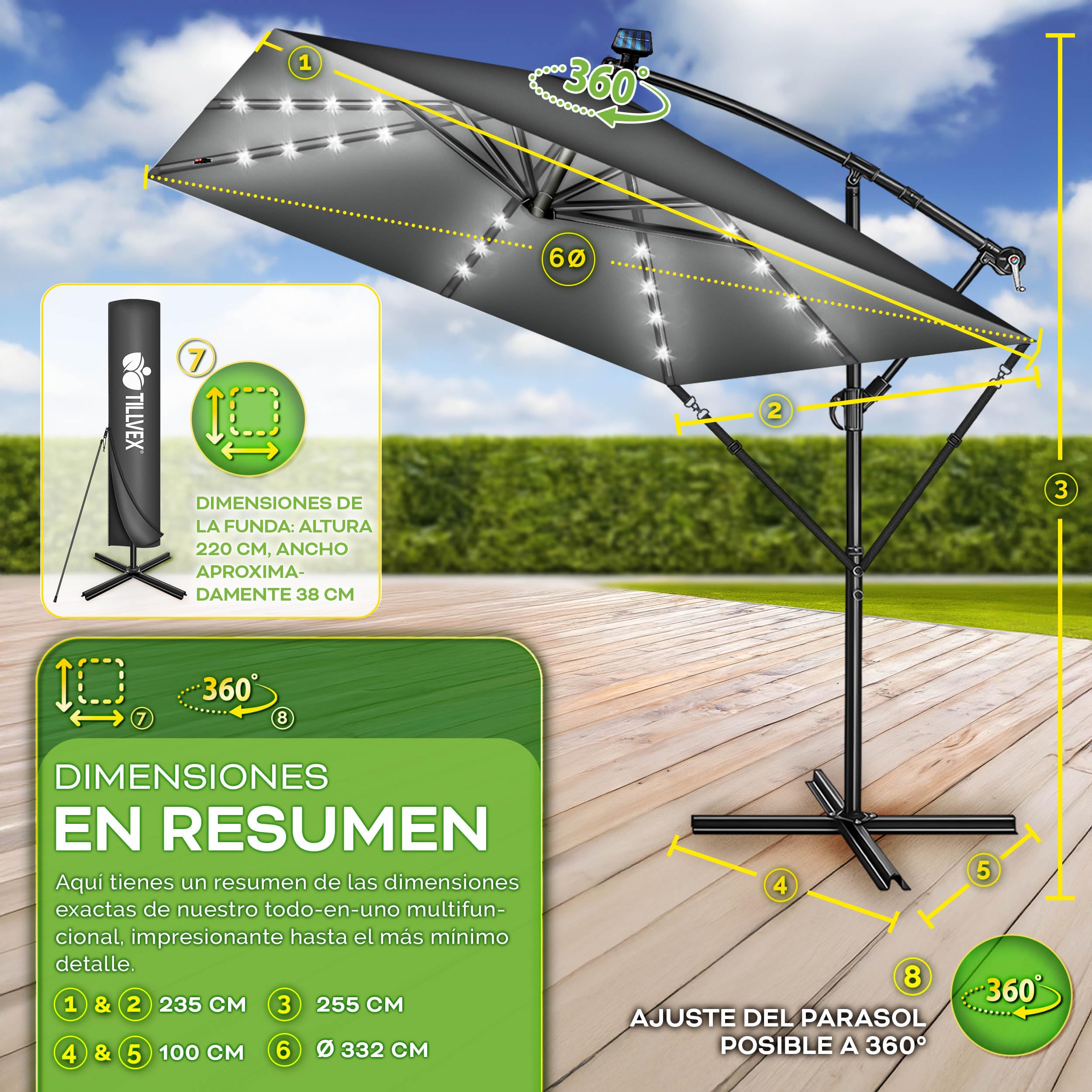 tillvex® Sombrilla de Jardín Rectangular Ø 330 cm con Manivela + Funda con Manivela | Sombrilla Terraza con Protección Viento | Parasol mercado impermeable + Protección UV