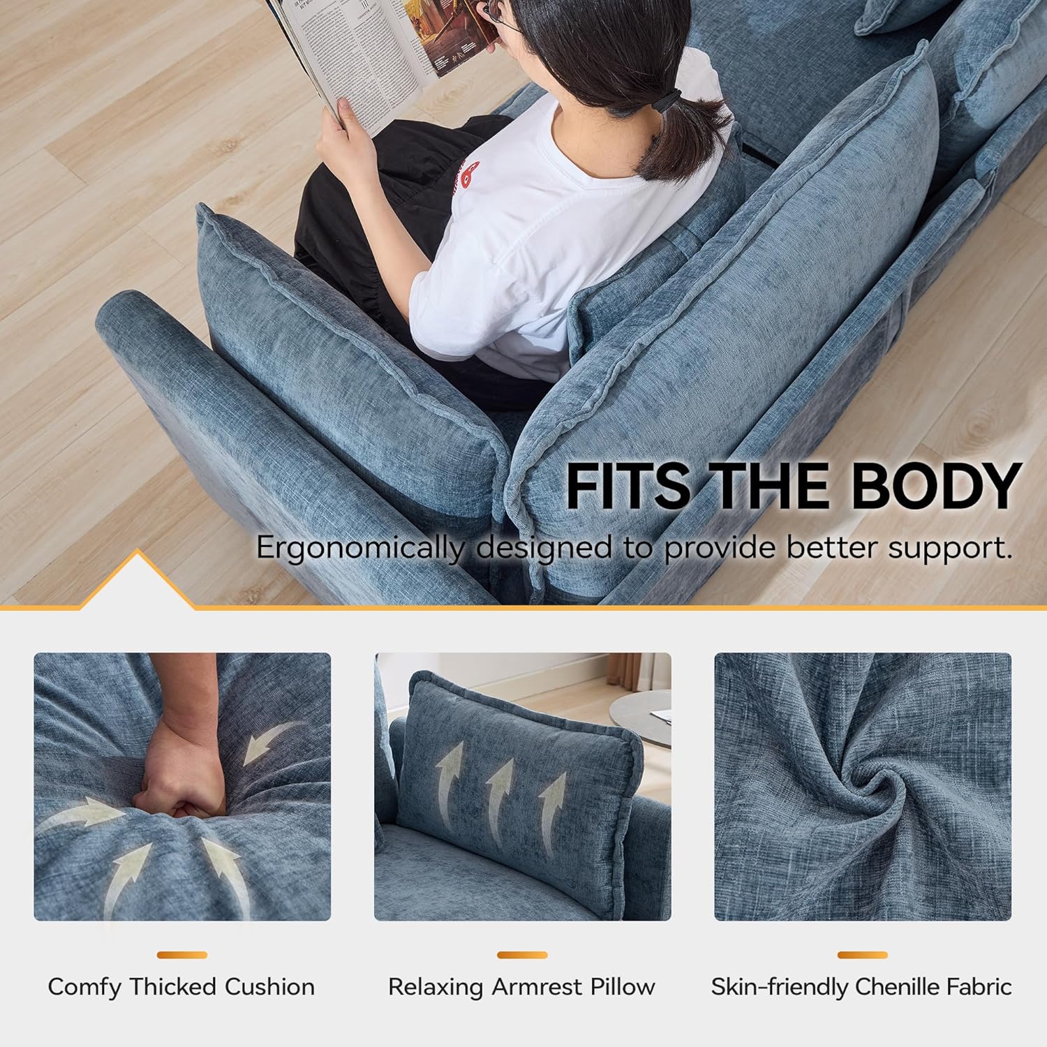 WUTUTUEE 111'' Sectional Cloud Deep Seat Couch, Modern Comfy Chenille L Shaped Sectional Sofa for Living Room Set, Upholstered Modular 4-Seats Sofa Couch with 1 Movable Ottoman, Blue