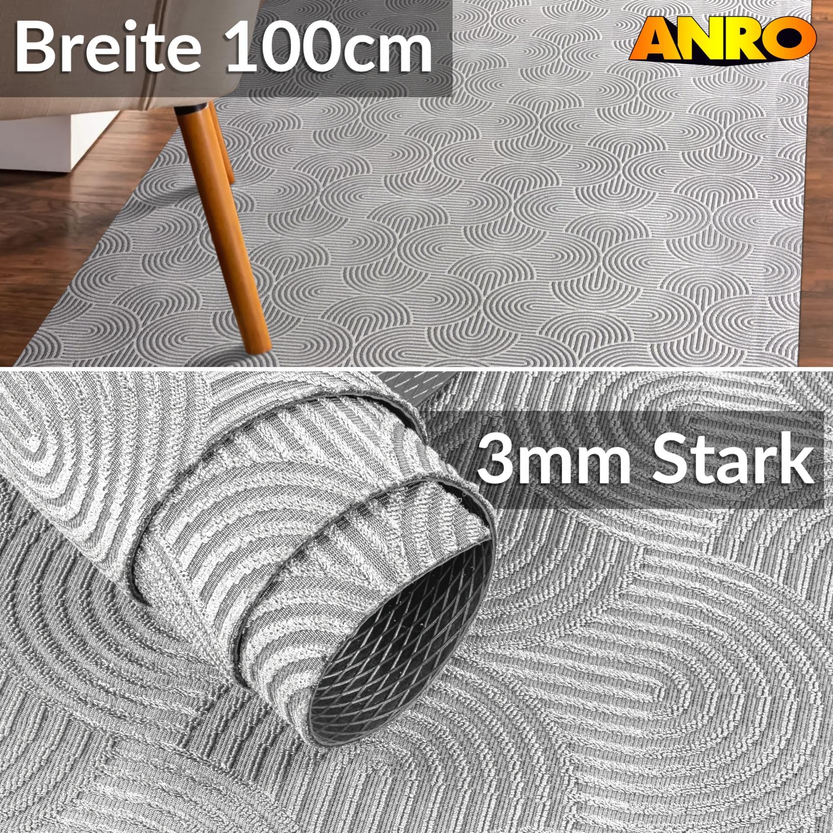 ANRO Läufer Flur Teppich Läufer Küchenteppich Küchenläufer Velours rutschfest waschbar für Küche, Flur, Schlafzimmer Deko Velora 100x200 cm Grau