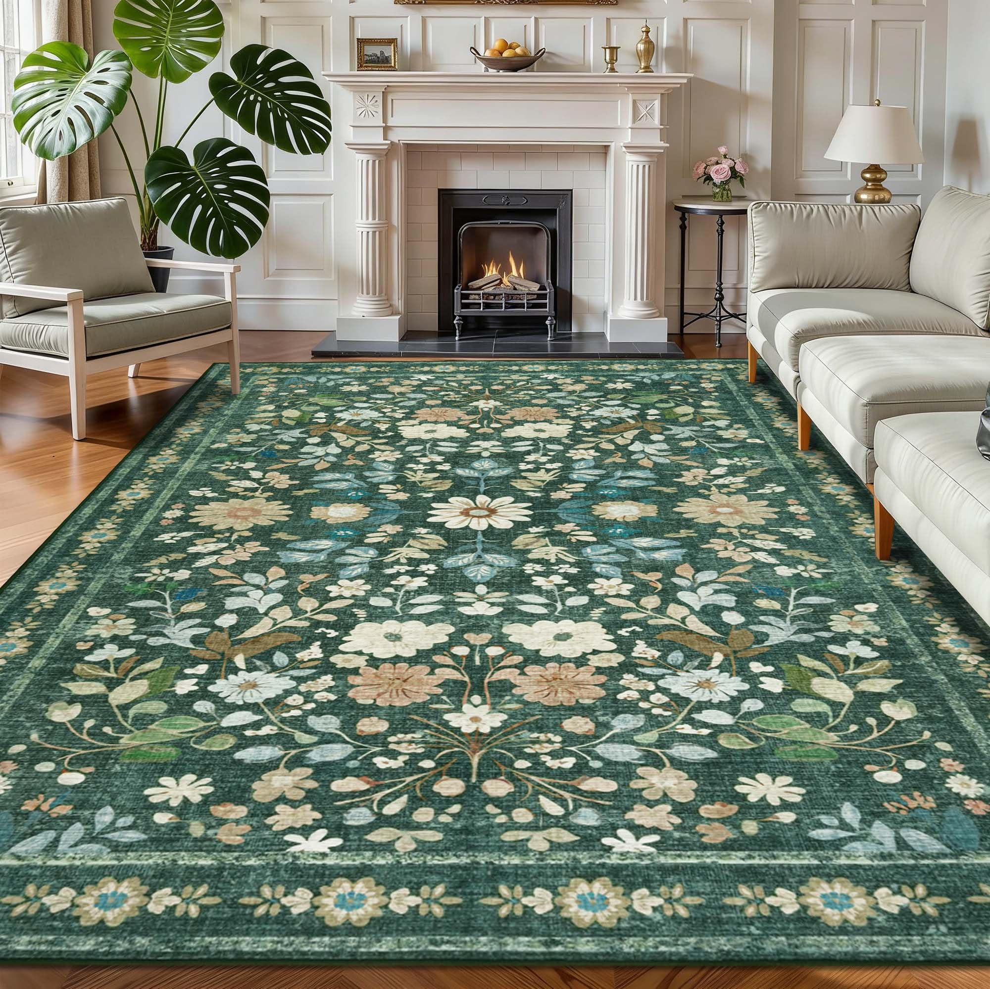 Homcomodar Washable Rugs Living Room Large 160x230cm Green Floral Rugs for Bedroom Vintage Non Slip Area Rug Low Pile Boho Rug Soft Carpet for Living Room Bedroom Kids Nursery Office Decor โ image 1