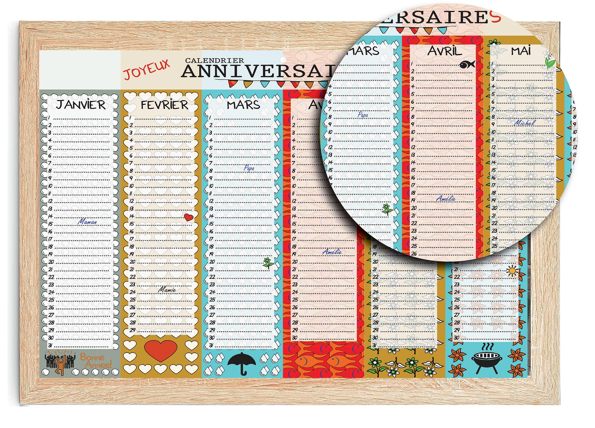 Calendrier Perpétuel Joyeux Anniversaires A3 Recto Verso à Remplir Illustré Multicolore