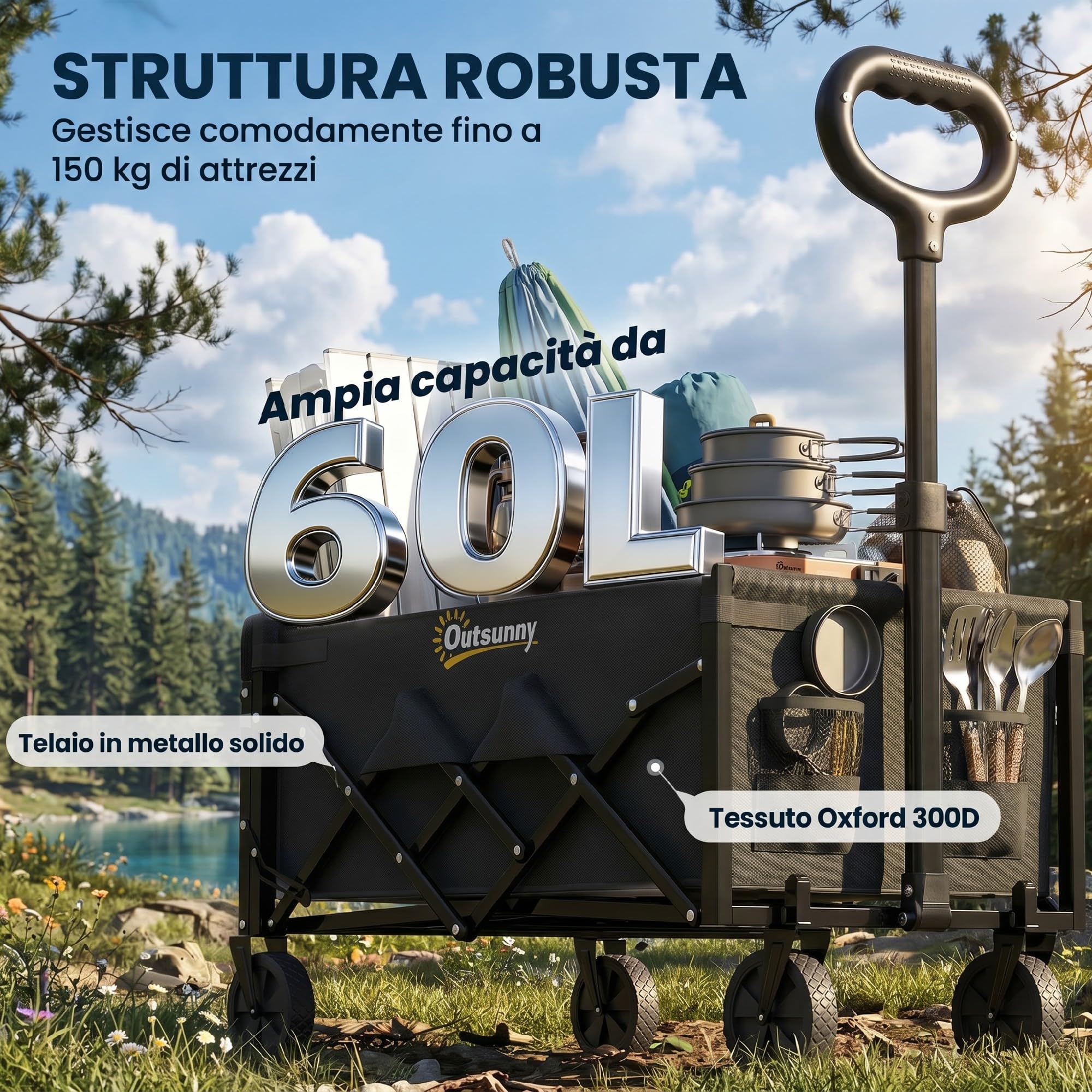 Outsunny Carrello da Giardino Pieghevole 60L, Carrello da Campeggio Portatile con Porta Frontale Apribile, Manico Regolabile e Supporto per Bicchieri, Ideale per Picnic, Pesca e Giardino, Nero