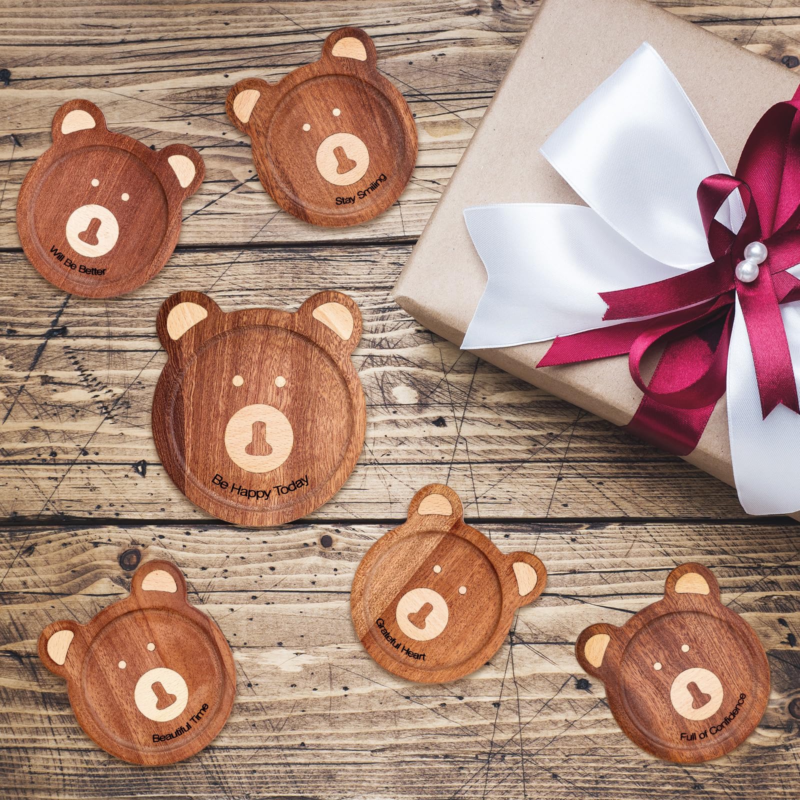 Set 6 sottobicchieri legno rotondi orso incastonato mano 11,5x9,5x1 cm marrone scuro