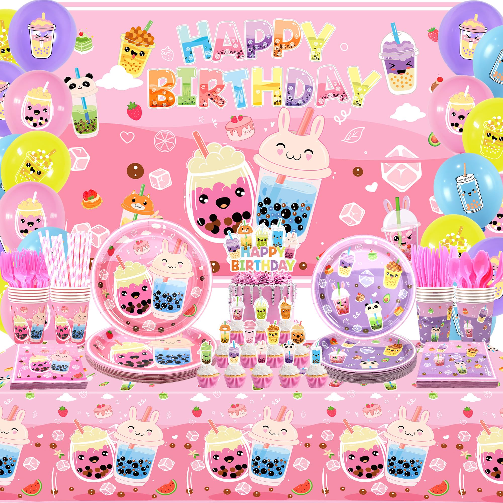 Obussgar Bubble Tea Birthday Decorations - Milk Tea Party Supplies Include Backdrop, Cake Topper, Plates, Cups, Napkins, Balloons, Tablecloth for