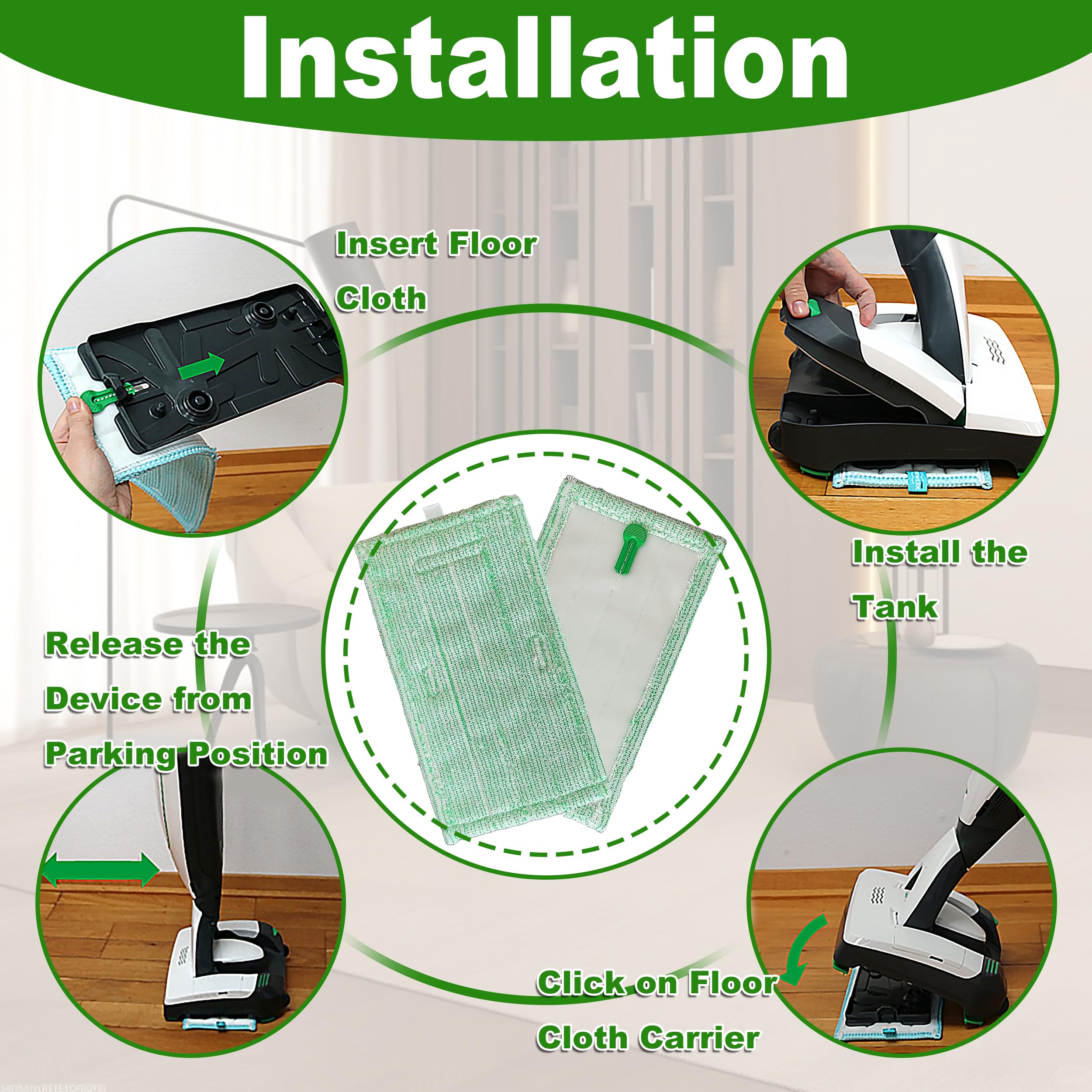Panni Pulilava per Folletto SP600 SP600S Panno Lavapavimento in Microfibra Morbido adatto Parquet - Verde 6pcs