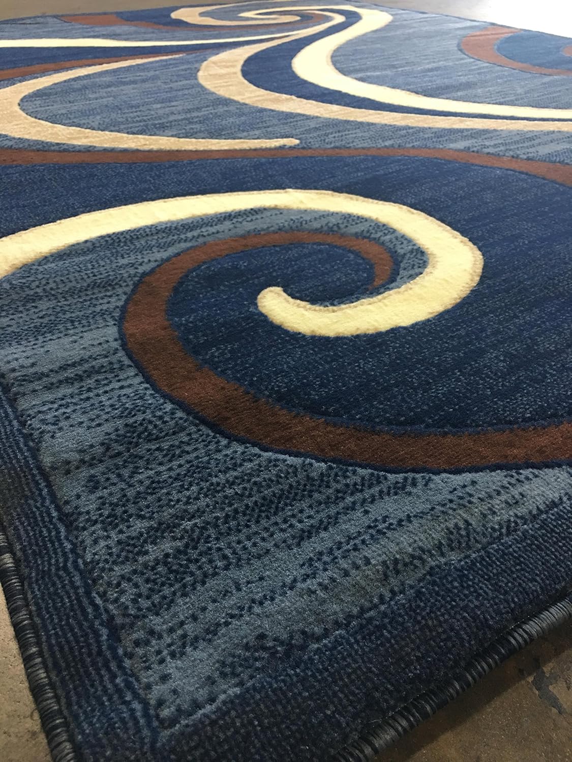 Americana Modern Area Rug Blue Brown Swirl Design 144 (4 Feet X 5 Feet 3 Inch)