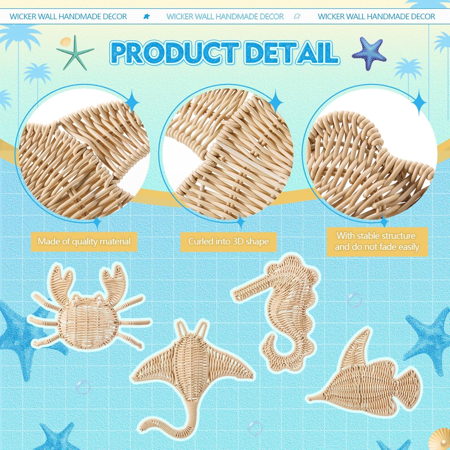 Wesiti 4 Pcs Wicker Sea Wall Decor Fish Stingray Crab Seahorse Hanging Decors Handmade Wicker Beach Ocean Theme Ornaments Coastal Nautical Sculpture for Boho Bathroom Indoor Outdoor Wall Art
