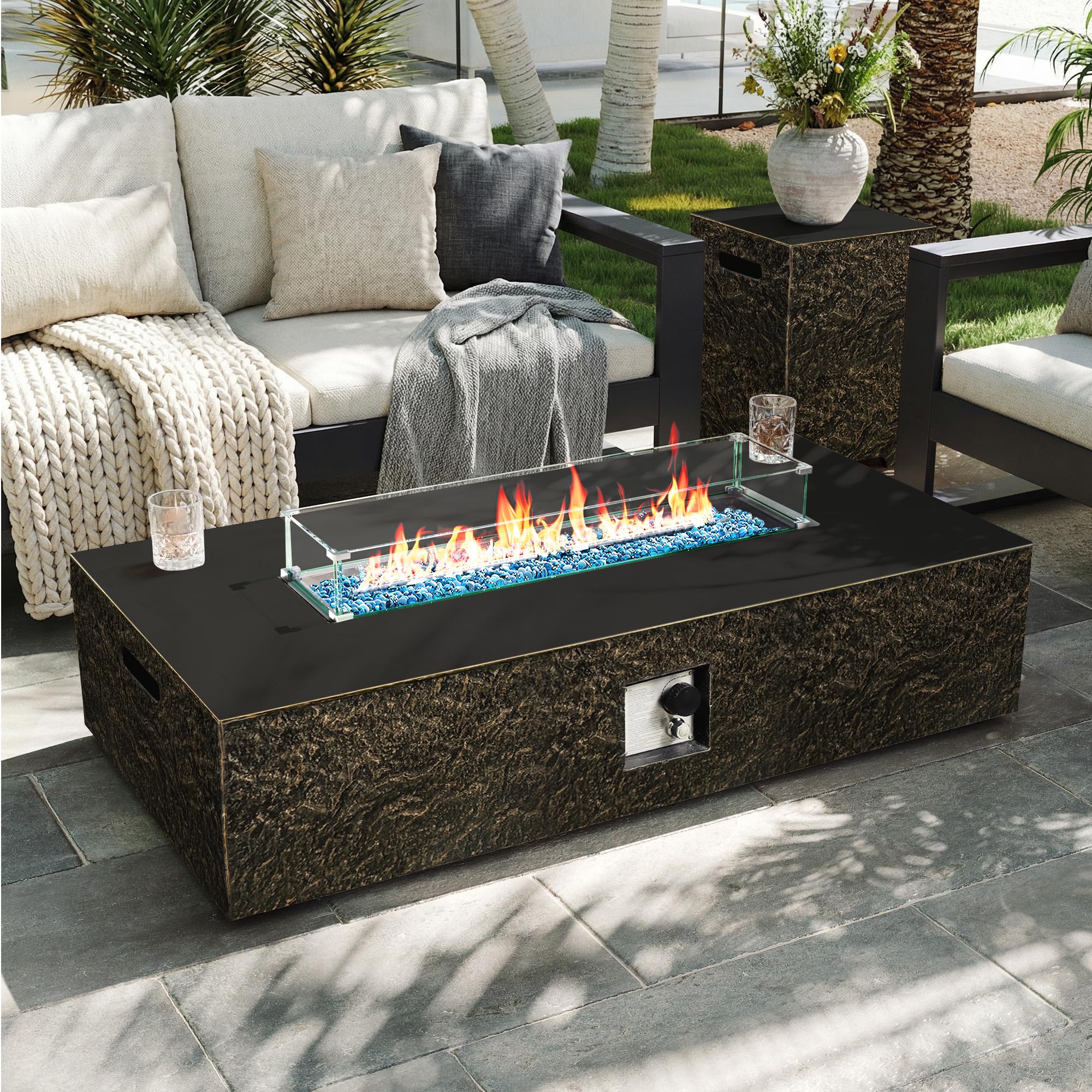 UPHA 56 inch rectangle bronze concrete look propane fire pit table
