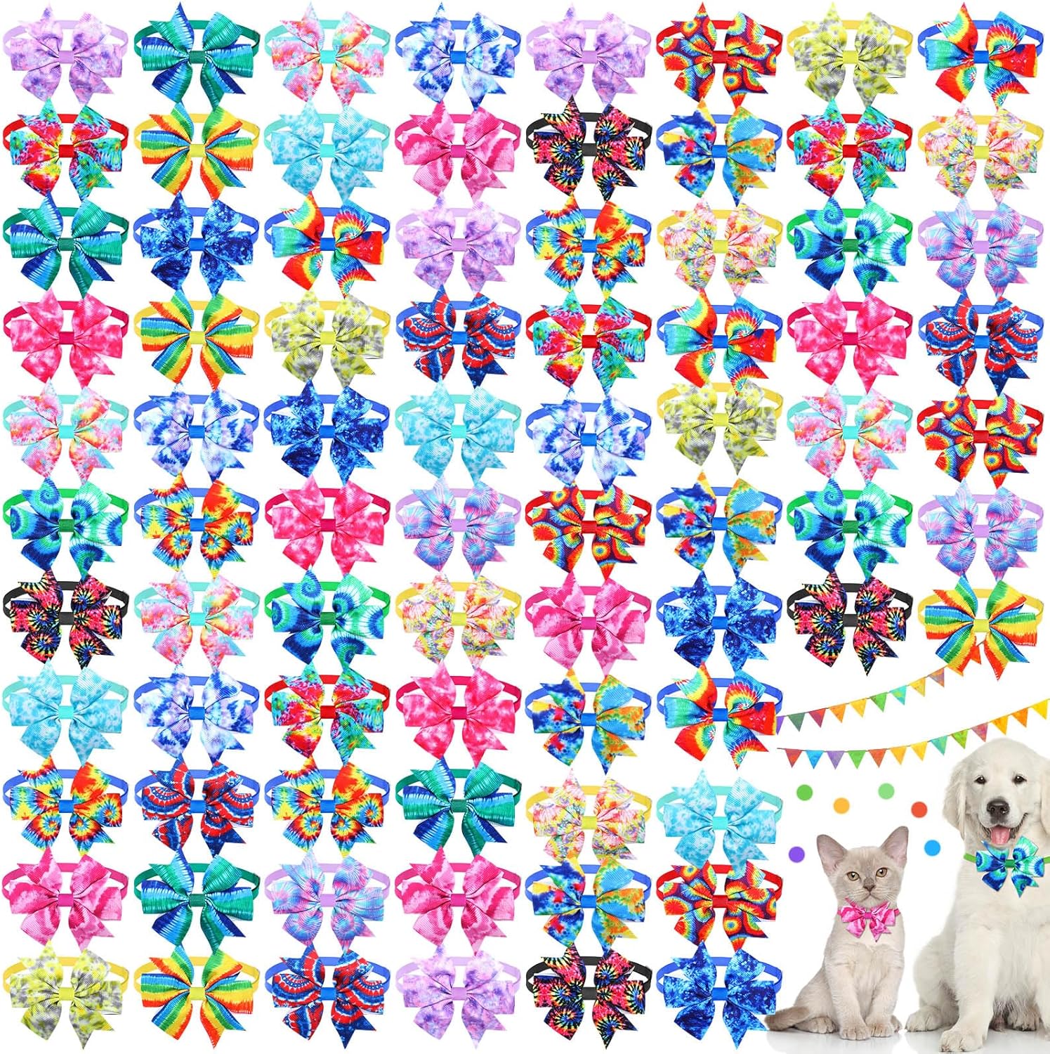 Maitys 80 Pcs Puppy Bowties Tie Dye Dog Collars Summer Neck Bows for Dogs Adjustable Grooming Collar for Spring Hawaii Holiday Pet Accessories