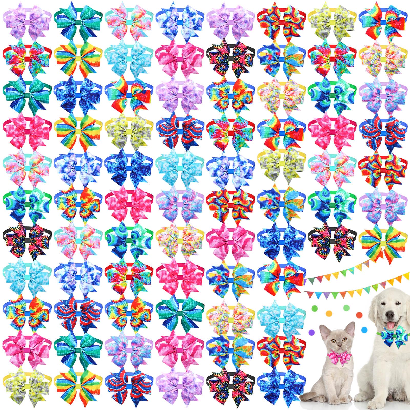 Maitys 80 Pcs Puppy Bowties Tie Dye Dog Collars Summer Neck Bows for Dogs Adjustable Grooming Collar for Spring Hawaii Holiday Pet Accessories