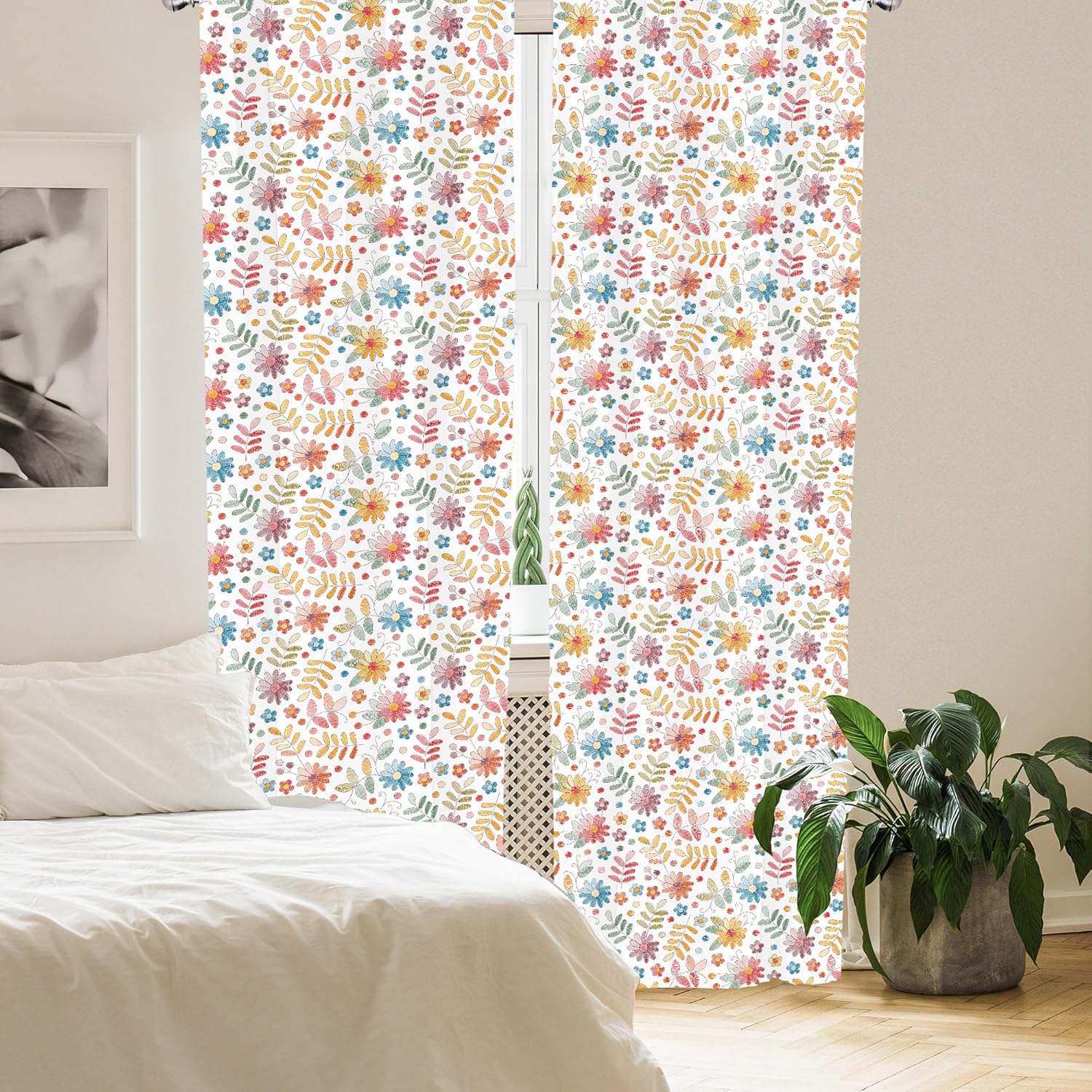 Lunarable Floral Window Curtains, Continuous Pattern of Colorful Hatched Painted Flowers and Leaves Spring Art, Lightweight Decor 2-Panel Set with Rod Pocket, Pair of - 28" x 84", Blue Red