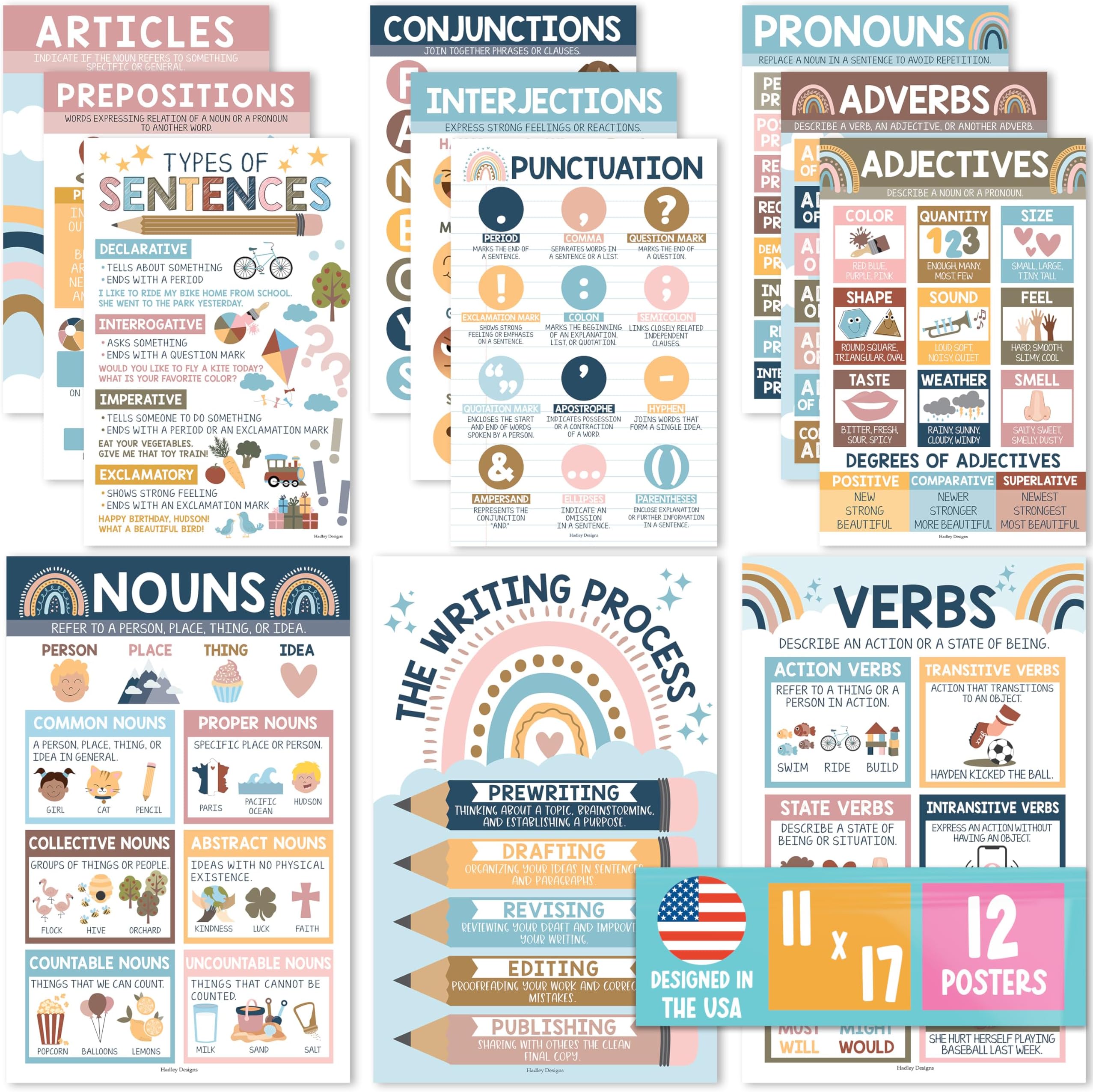 Hadley Designs 12 Parts Of Speech Posters For Classroom - Boho Grammar Posters For Classroom Must Haves, Language Arts Poster For Elementary & Middle School, Writing Process ELA Poster