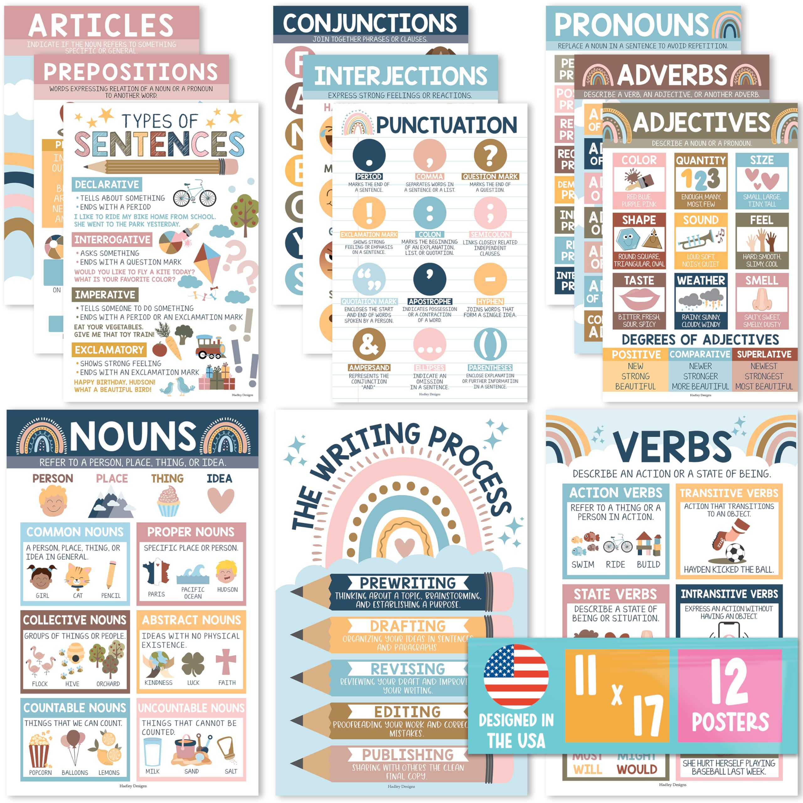 Hadley Designs Parts Of Speech Posters For Classroom - 12 Grammar Posters For Classroom Must Haves, Language Arts For Elementary & Middle School, Writing Process & ELA School, Boho Class Decor