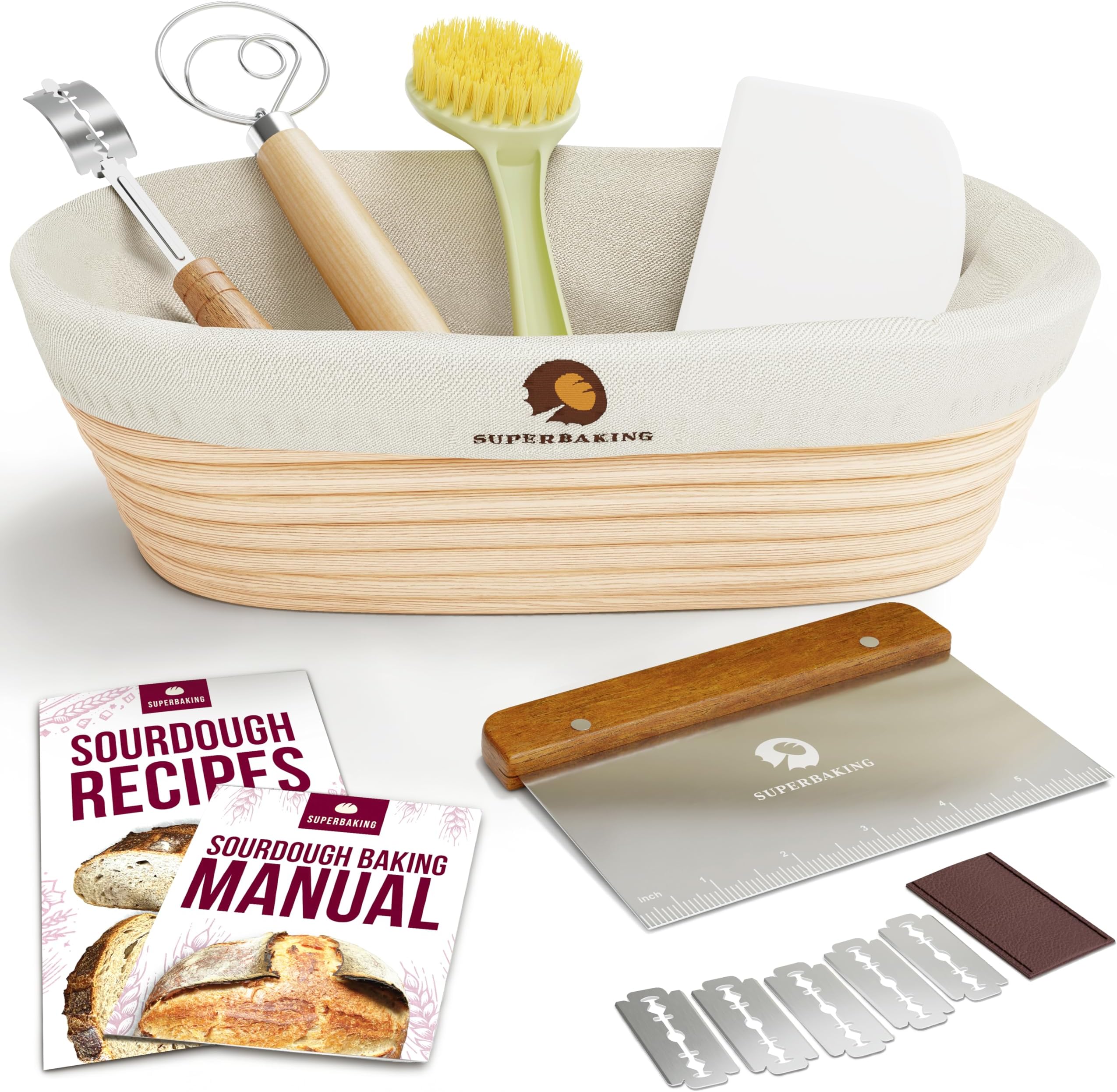 Superbaking 10" Oval Banneton Bread Proofing Basket – Sourdough Starter Kit for Crusty Artisan Style Loaves, Includes Essential Bread Baking Supplies & Tools - Ideal Gift for Bakers
