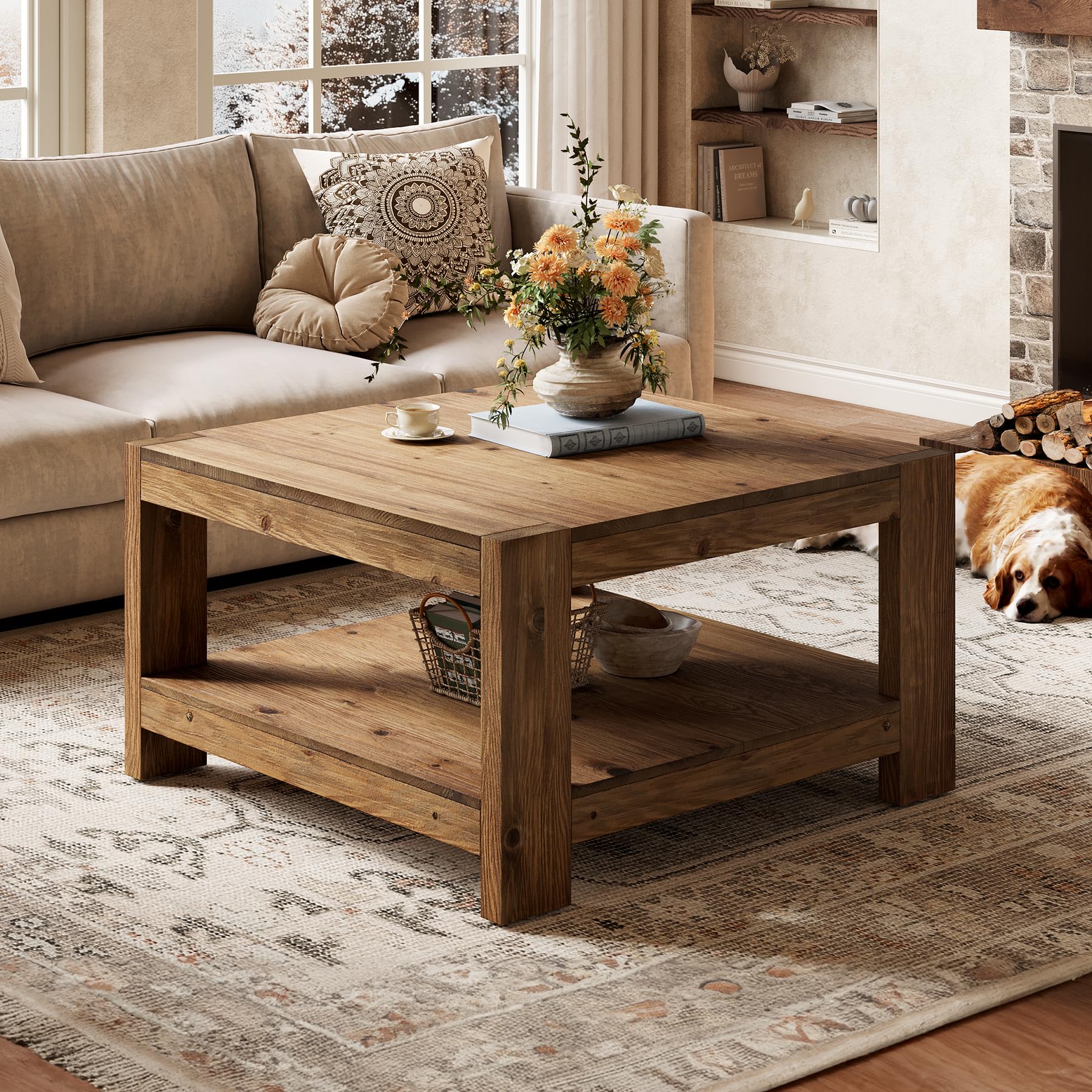 Massivholz Couchtisch Quadratisch 80 x 80 cm, Landhausstil Wohnzimmertisch mit Stauraum Braun, 2-stöckiger Sofatisch aus Holz im Landhausstil, Kaffeetisch für Wohnzimmer, Büro, kleine Räume